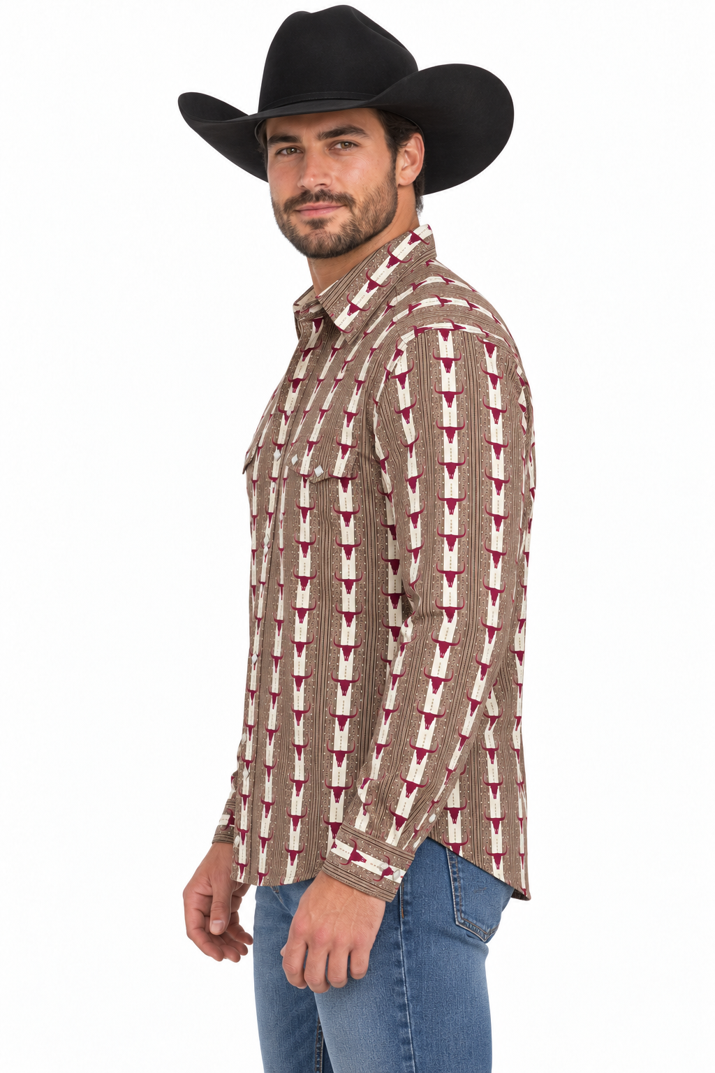 Tan & Burgundy Longhorn Print Western Shirt – WPL11075