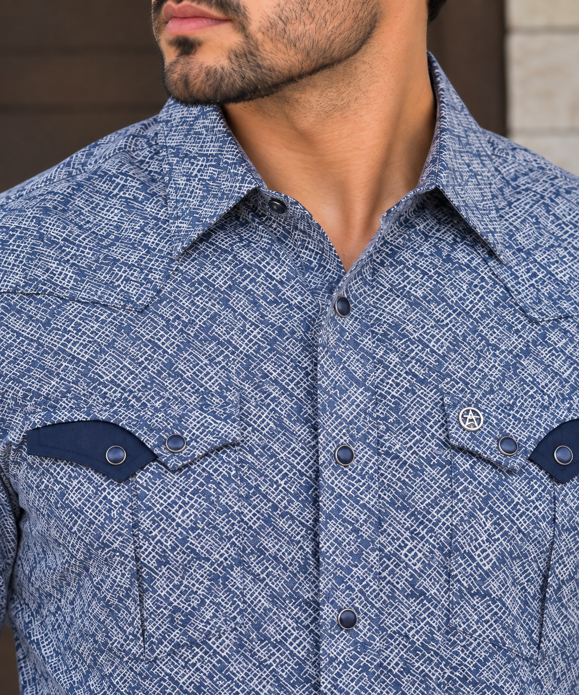 Men’s Blue & White Abstract Print Western Snap Shirt 0302