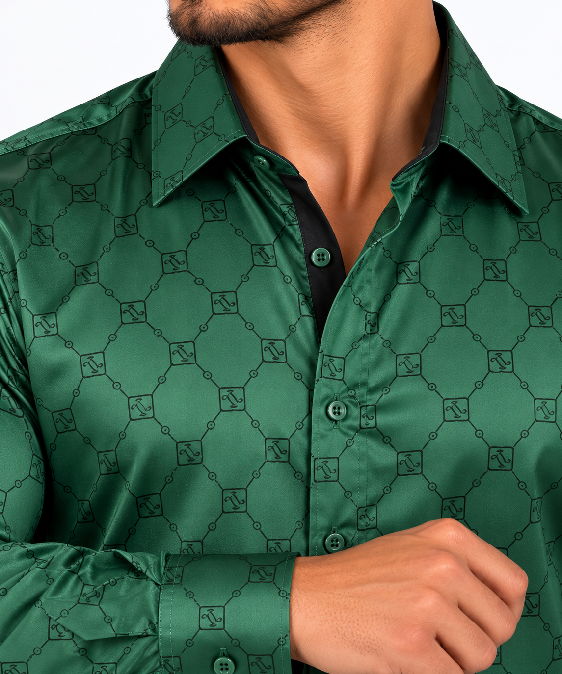 Chuxx Men’s Emerald Green Tonal Geometric Long Sleeve Shirt  FL-3426