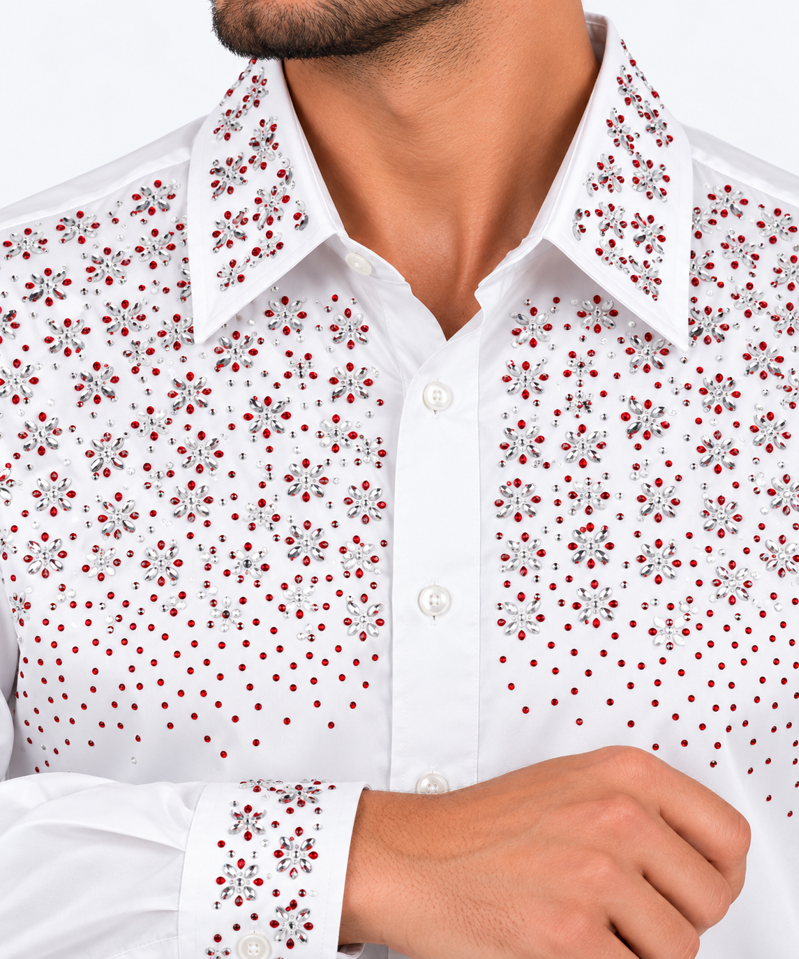 Chuxx Men’s White Rhinestone Floral Long Sleeve Shirt CHLS2202