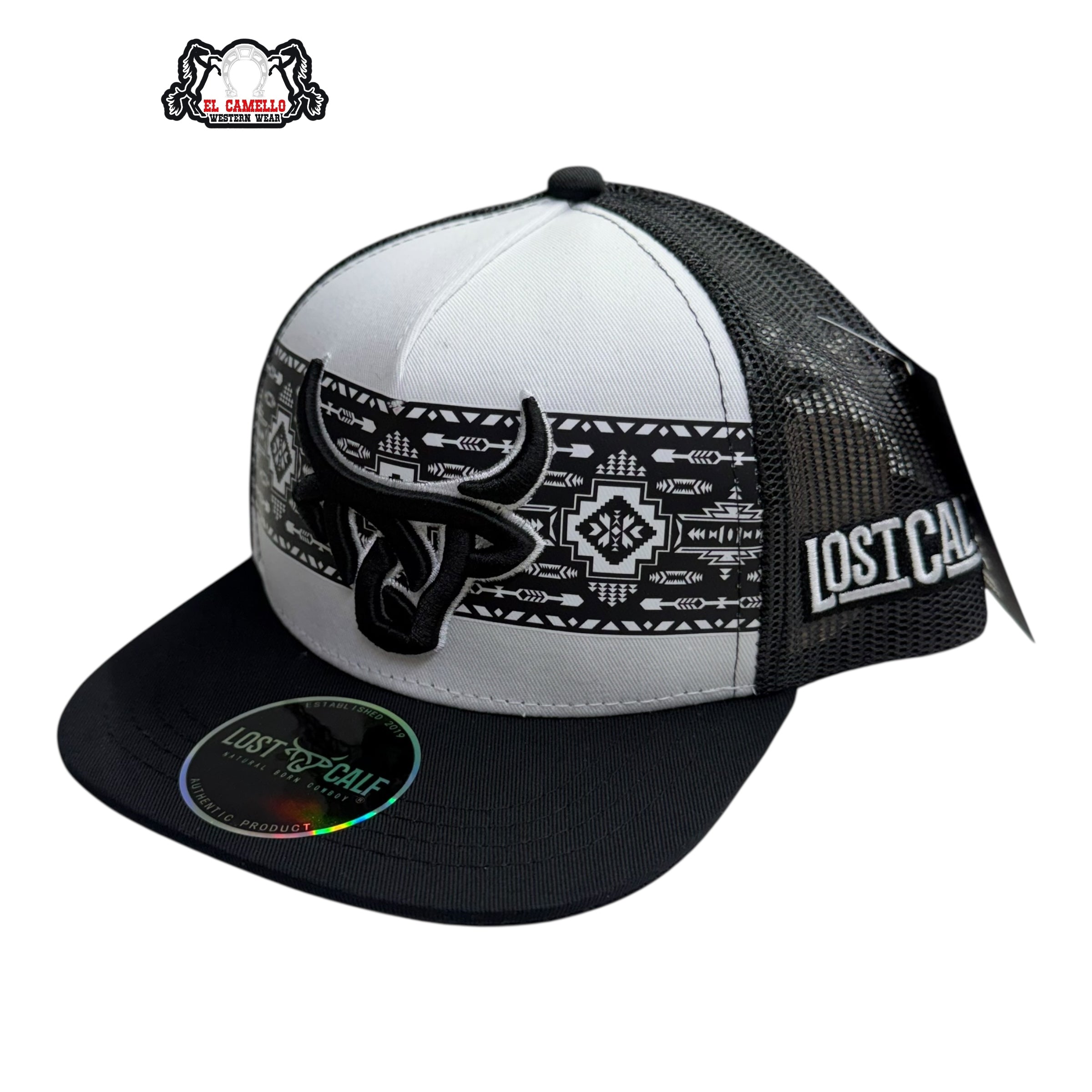 Lost Calf Kids Aztec Bull Mesh Cap – Black & White LCK2000