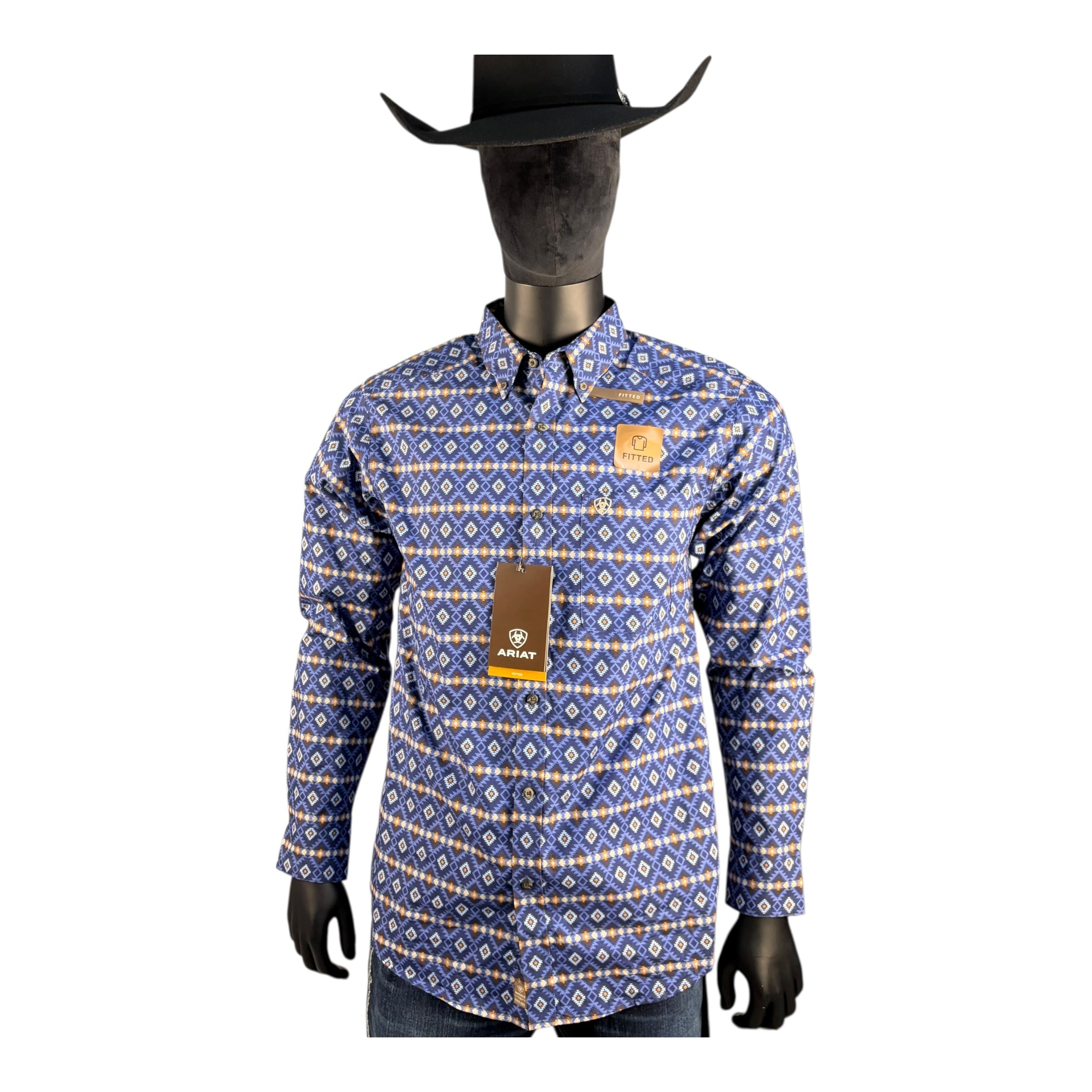 Ariat Men’s Fitted Long Sleeve Button-Down Shirt – Blue Aztec Print