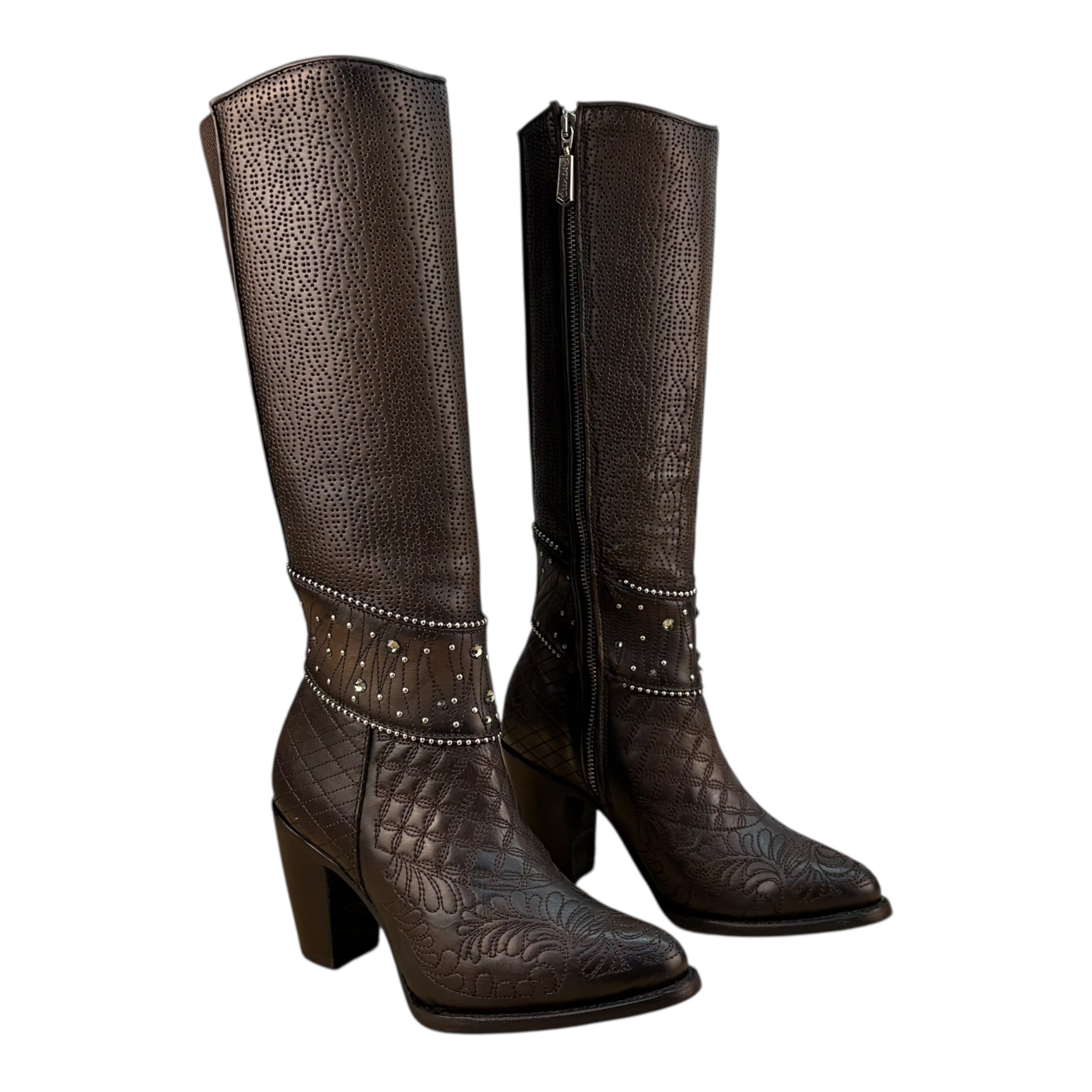 Brown Leather Tall Boots with Embroidery, Studs & Zipper CU584