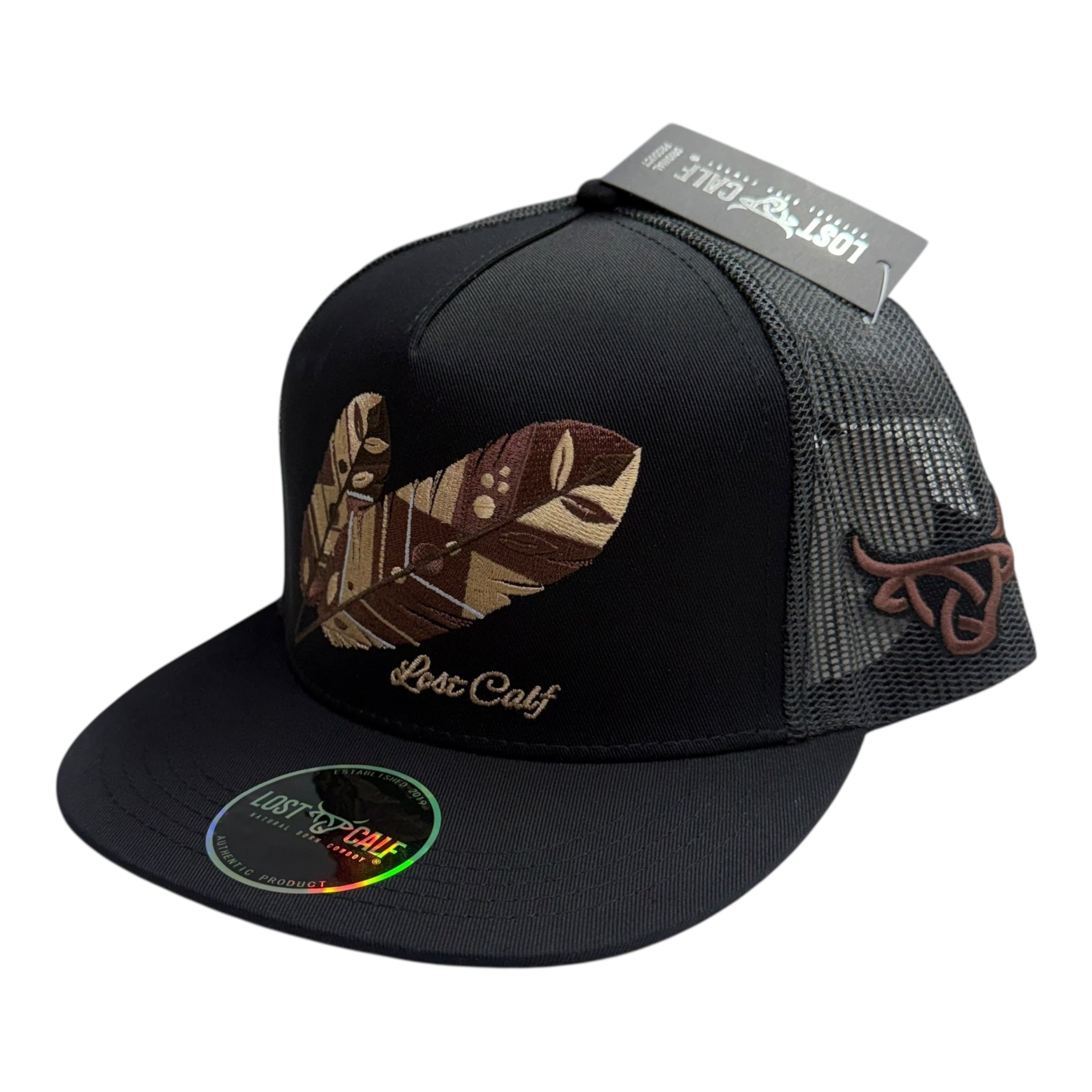 Lost Calf Feather Patch Mesh Cap – Black & Brown LC1008