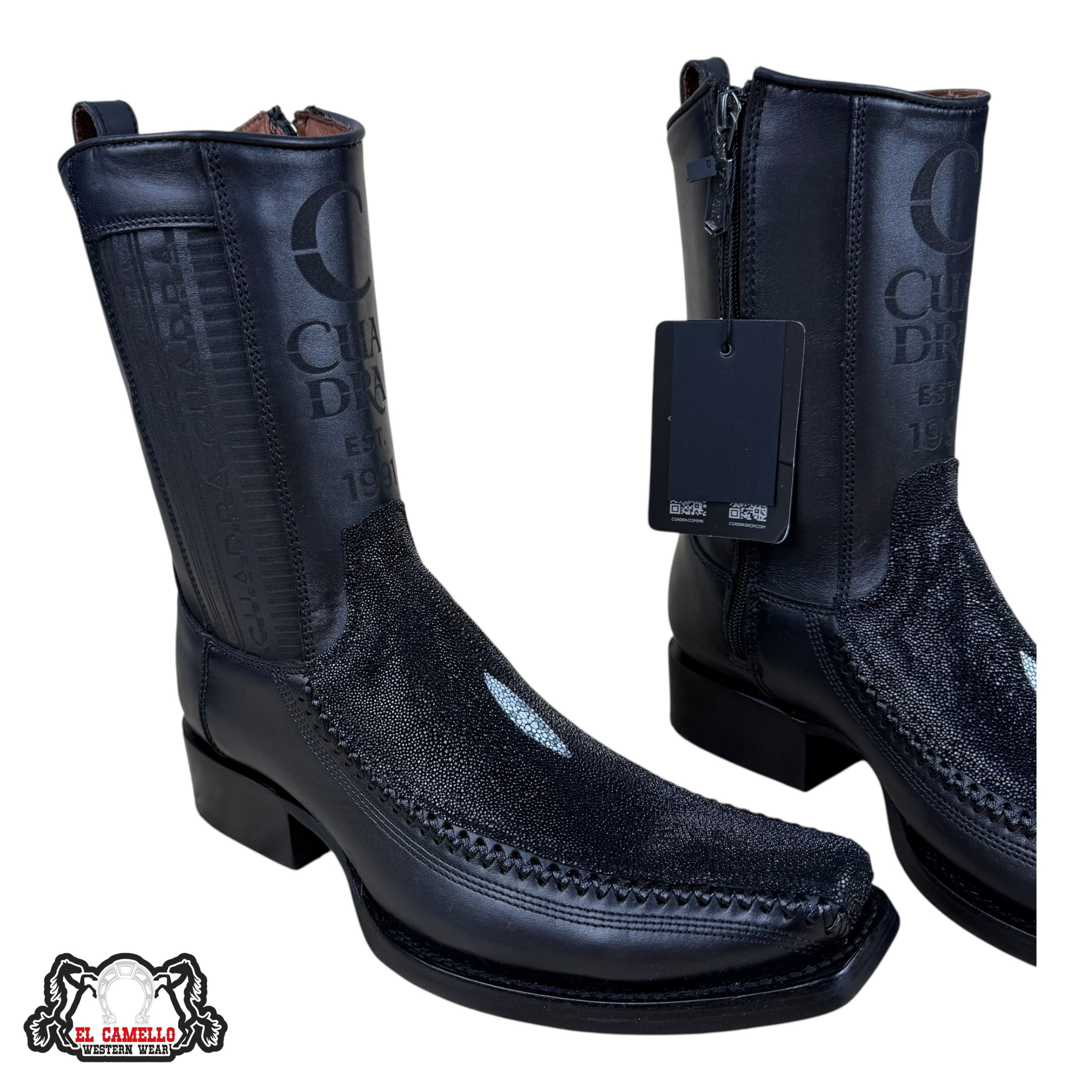 Cuadra Black Textured & Leather Square Toe Boot – Side Zip Luxury Western Style CU763