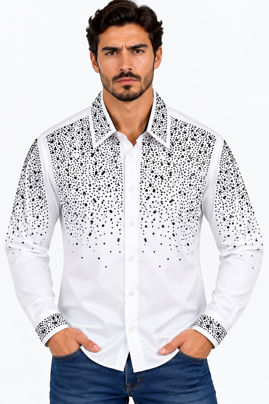 Chuxx Men’s White & Black Rhinestone Long Sleeve Shirt CHLS2201