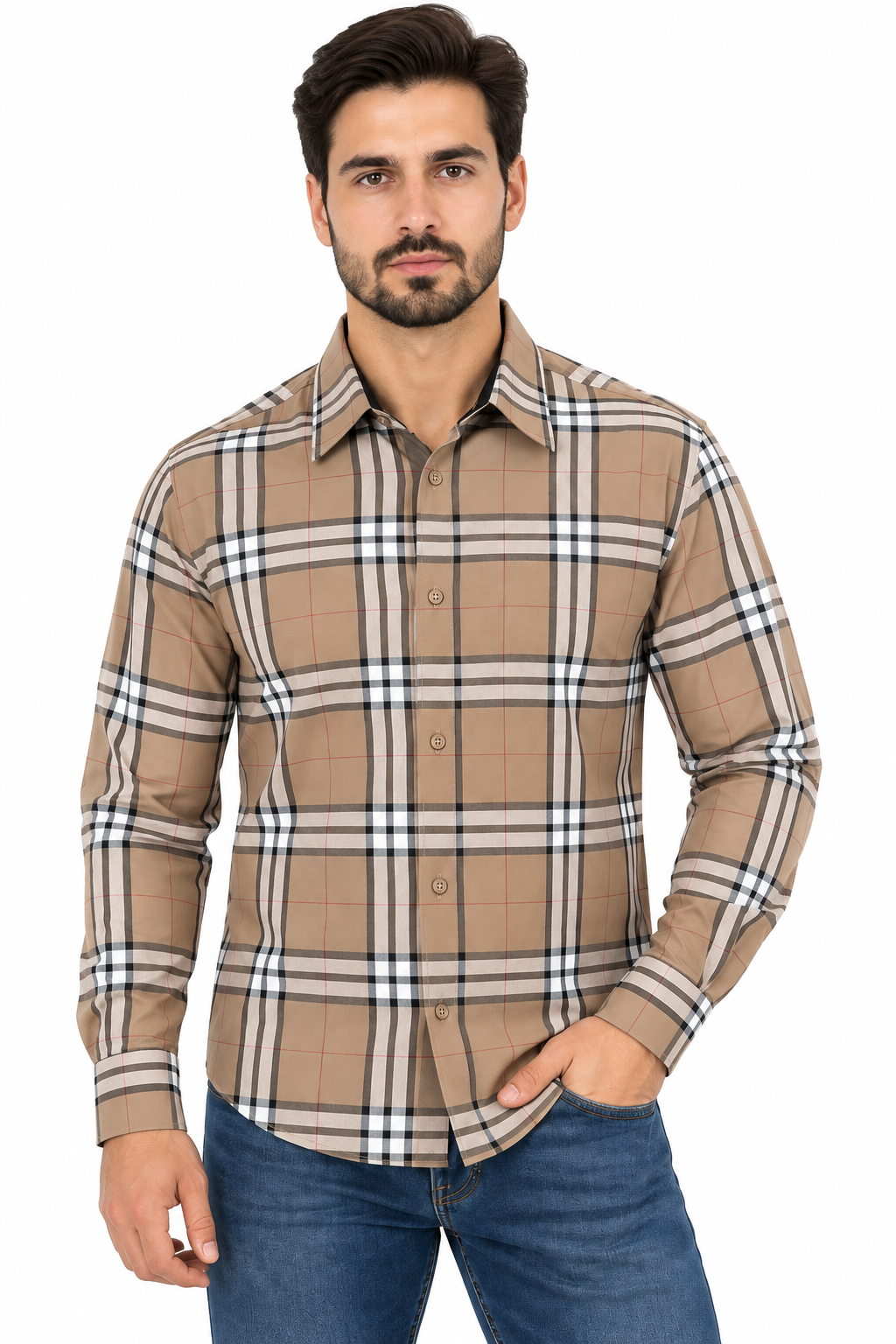 Baldelli Men’s Khaki Plaid Long Sleeve Shirt CH301