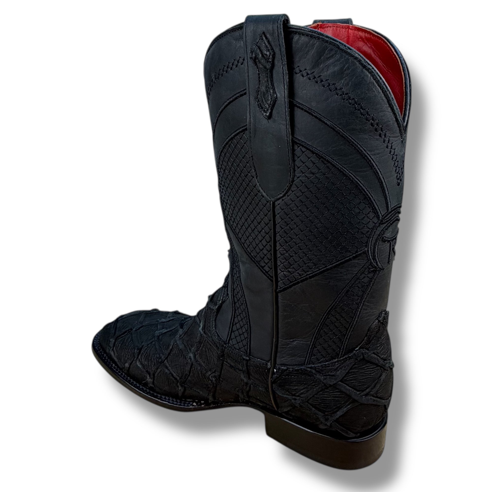 Midnight Ember Matte Black Pirarucu Leather Boot - Sqaure Tow