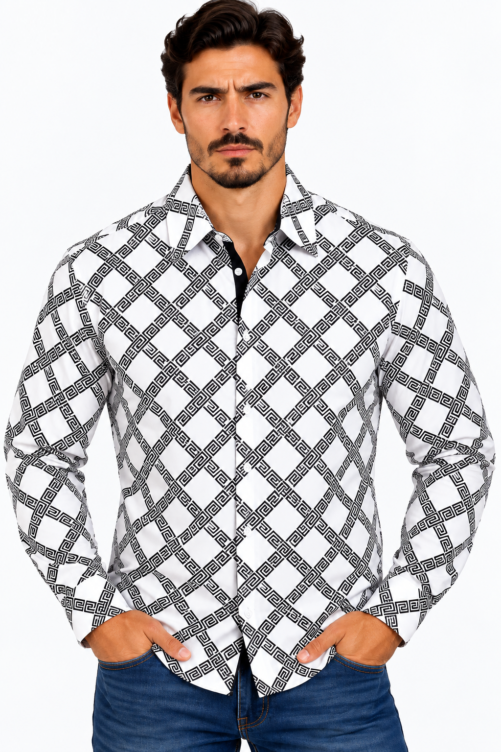 Chuxx Men’s White & Black Geometric Chain Print Long Sleeve Shirt FL- 3389