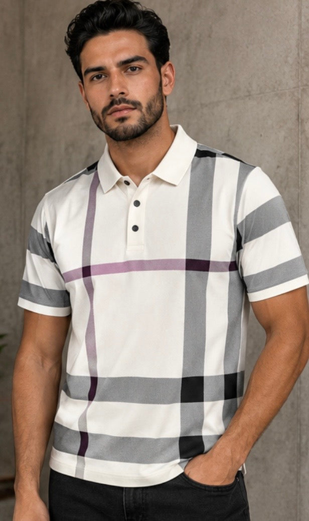 Chuxx Mens White Plaid Polo Shirt PLCH-001