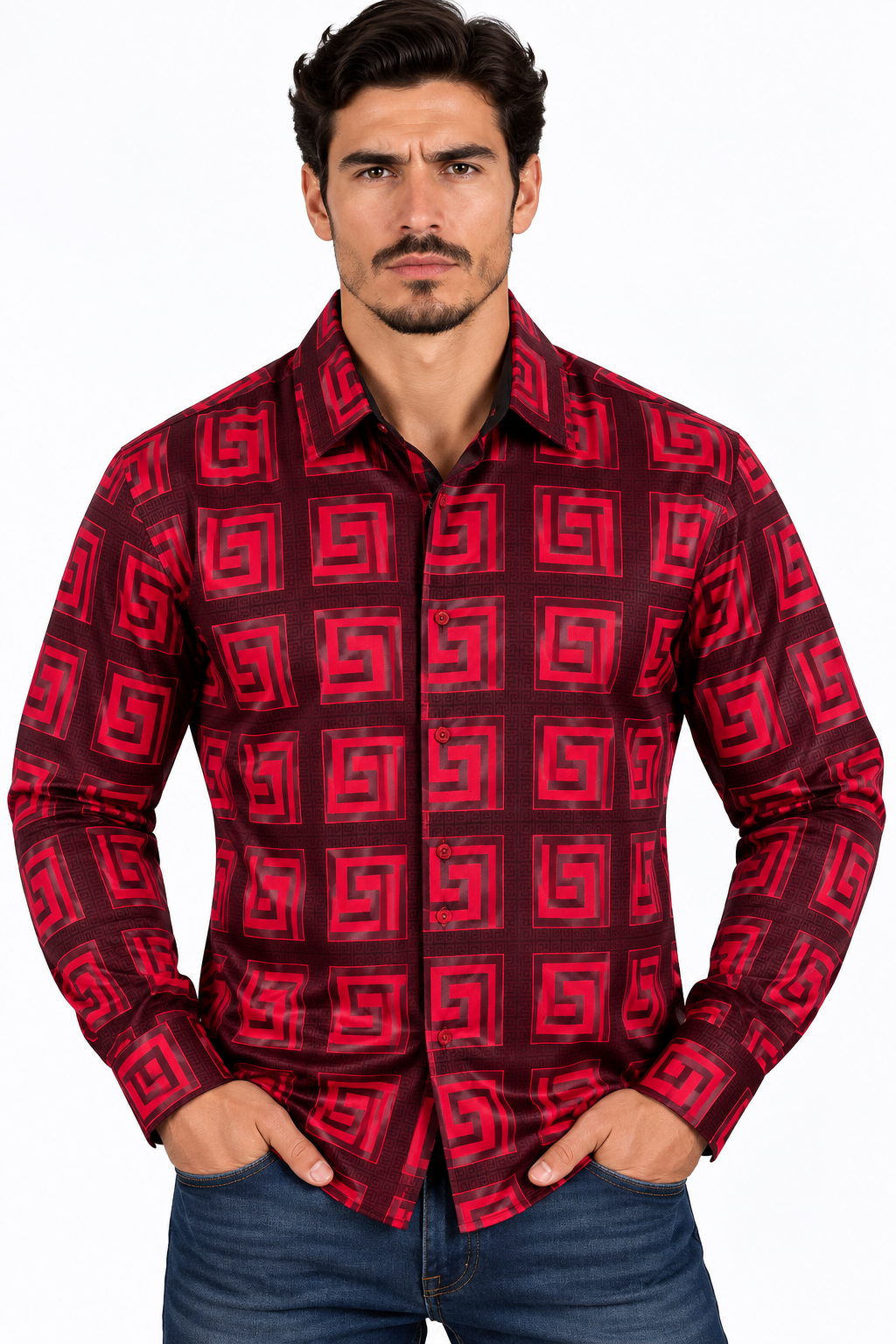 Chuxx Men’s Burgundy & Red Geometric Long Sleeve Shirt CHLS2095