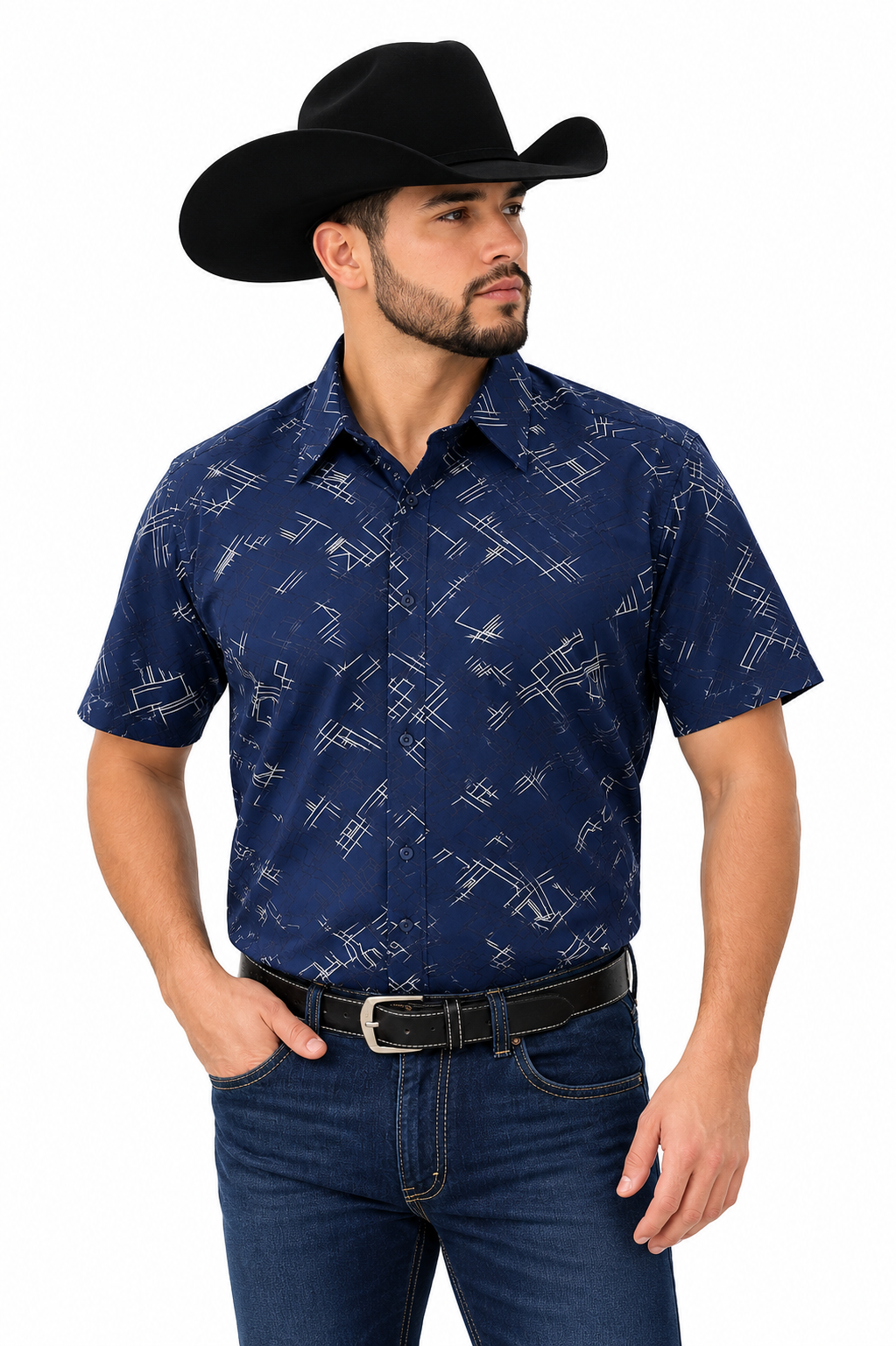 Lamasini Men’s Navy Abstract Geo Short Sleeve Shirt LAM2032
