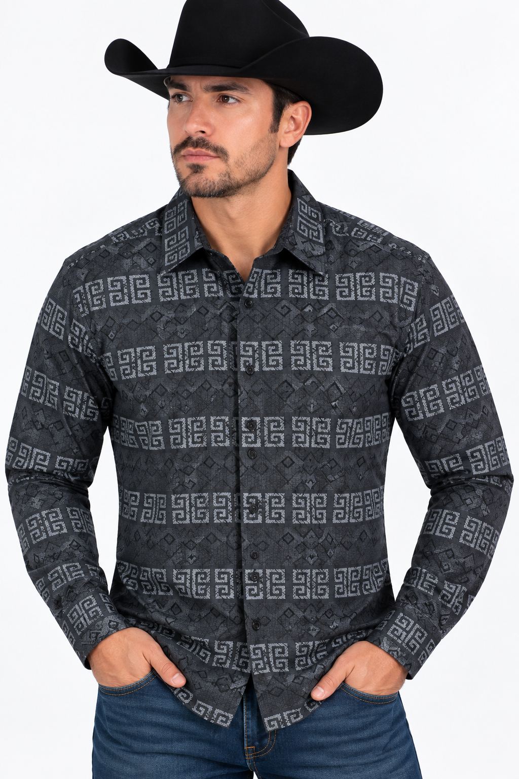 Chuxx Men’s Black & Gray Geometric Pattern Long Sleeve Shirt FL-3415