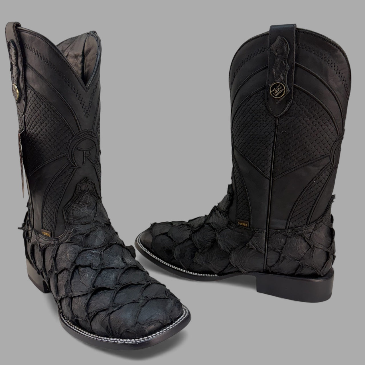 Pirarucu Negro Matte Square Toe Cowboy Boot
