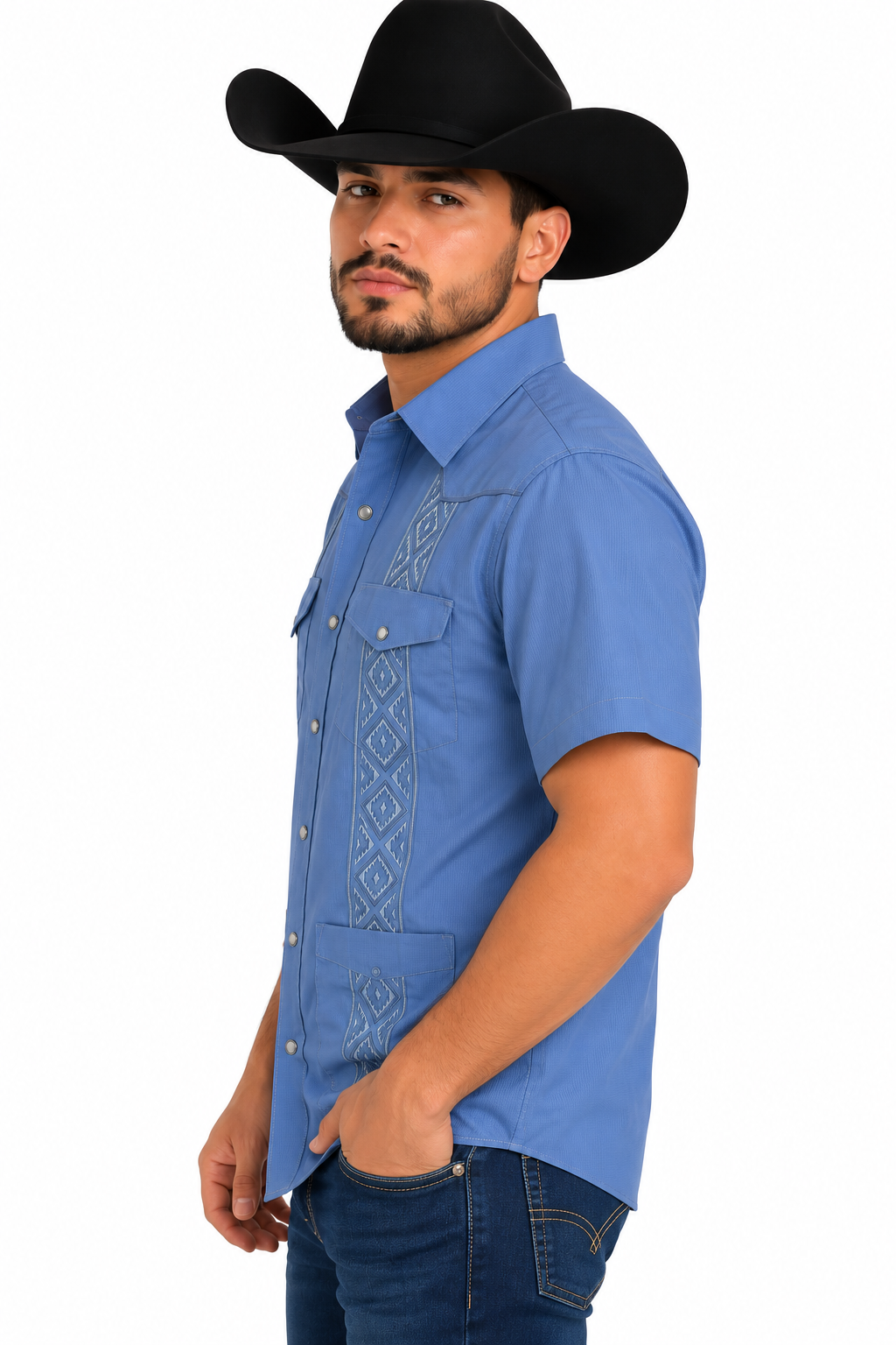Platini Men’s Blue Embroidered Short Sleeve Western Shirt GUS9342