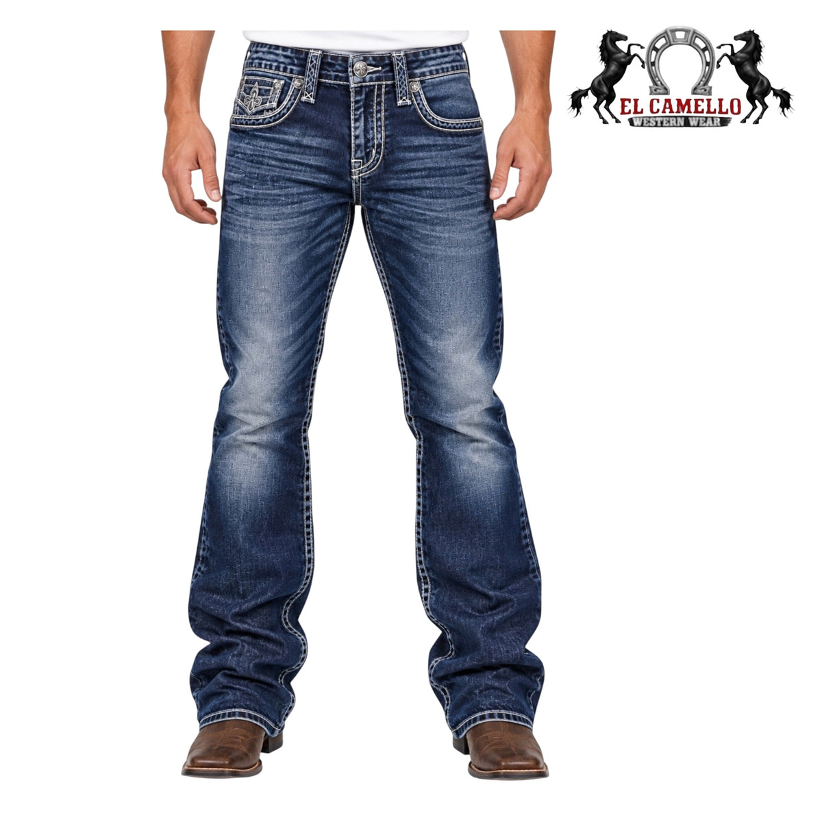 Rock Revival Men’s Dark Wash Bootcut Jeans with White Embroidered Pockets RVJ8514
