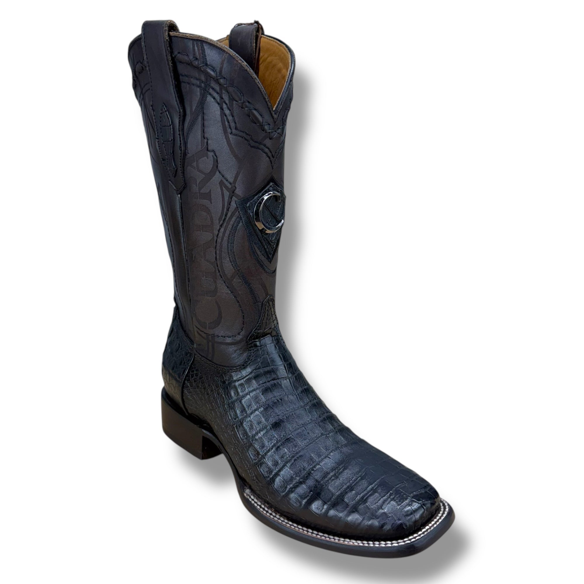 CU678 Engraved Black Cayman Western Boots CU678