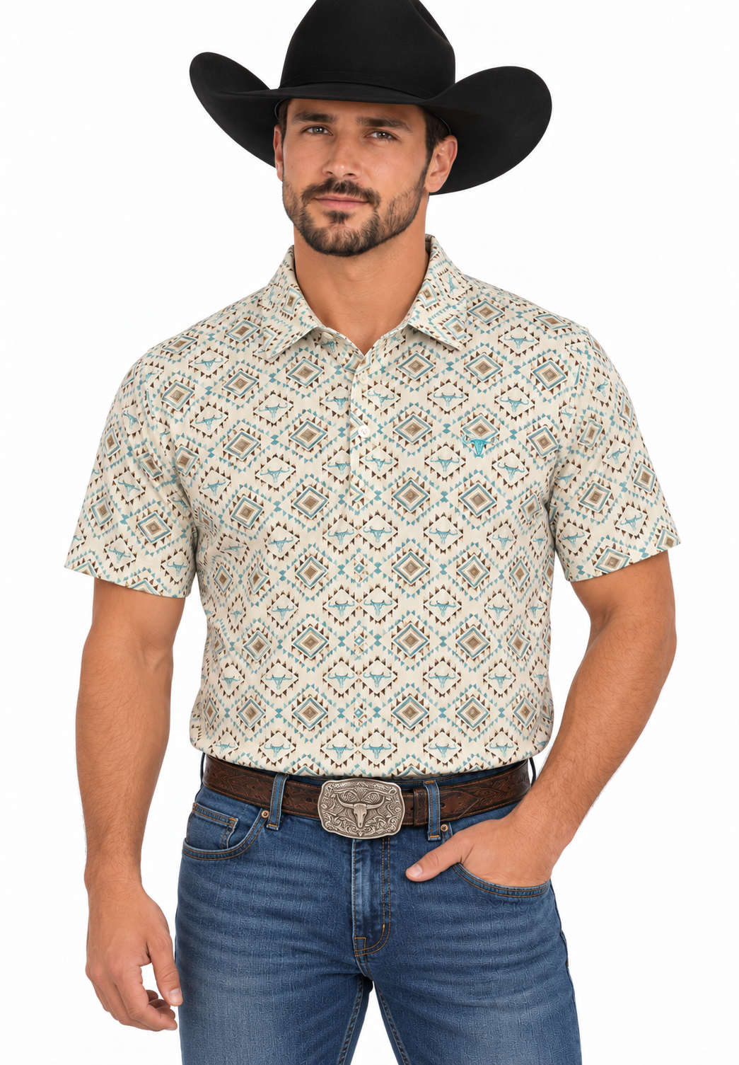 Platini Men’s Beige Aztec Print Stretch Polo – PGP11024