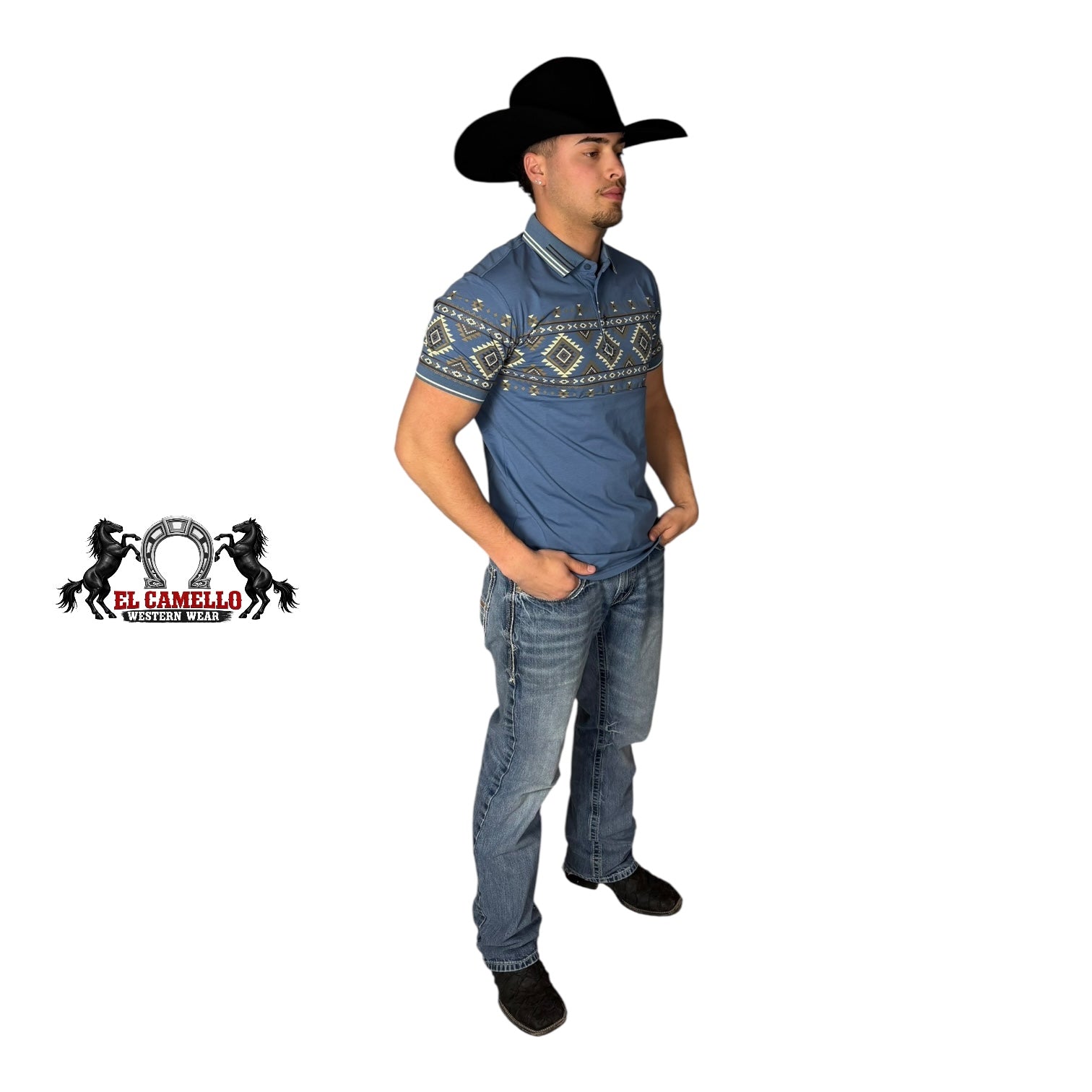 LAM-28232 Men’s Western Print Polo – Blue