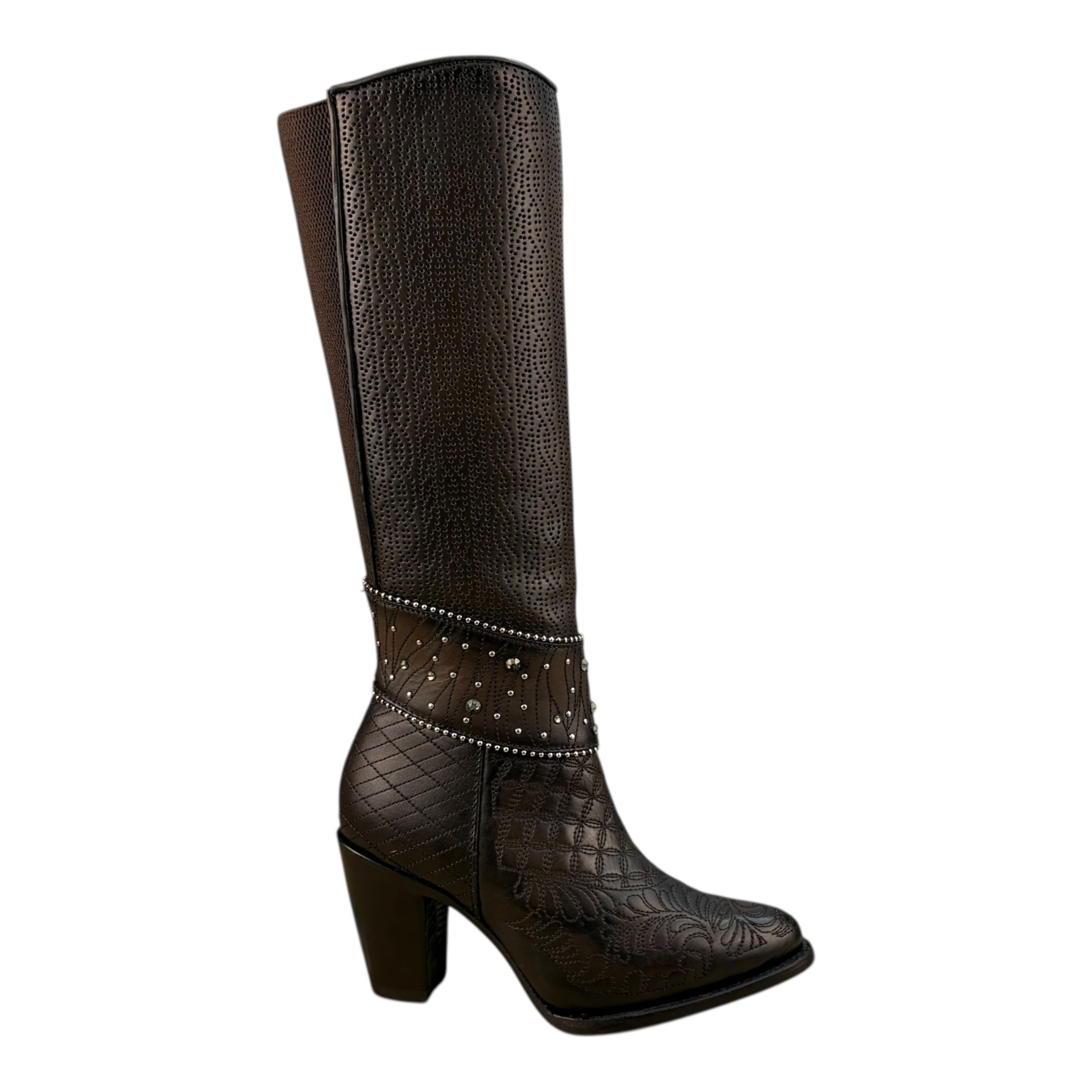Brown Leather Tall Boots with Embroidery, Studs & Zipper CU584