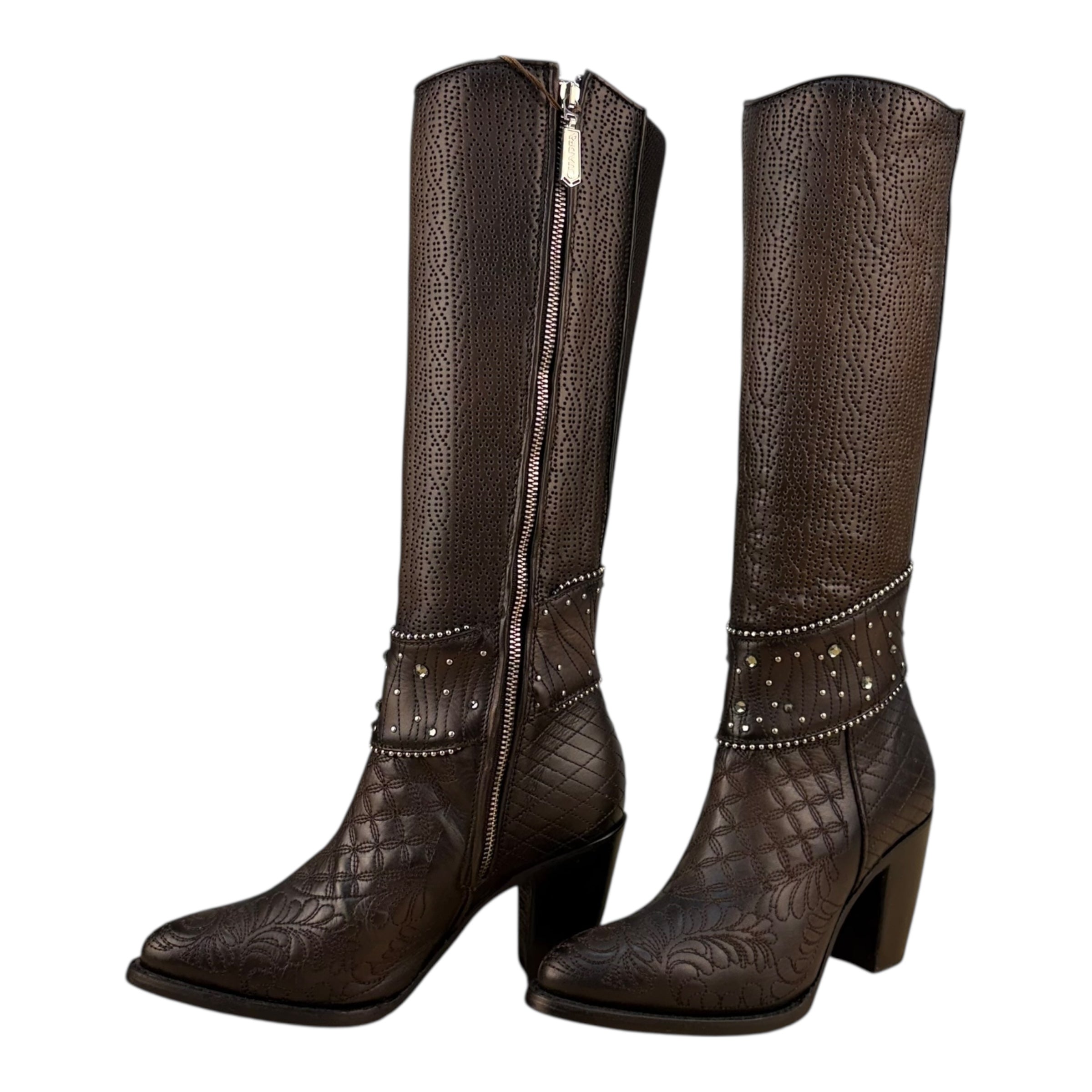 Brown Leather Tall Boots with Embroidery, Studs & Zipper CU584