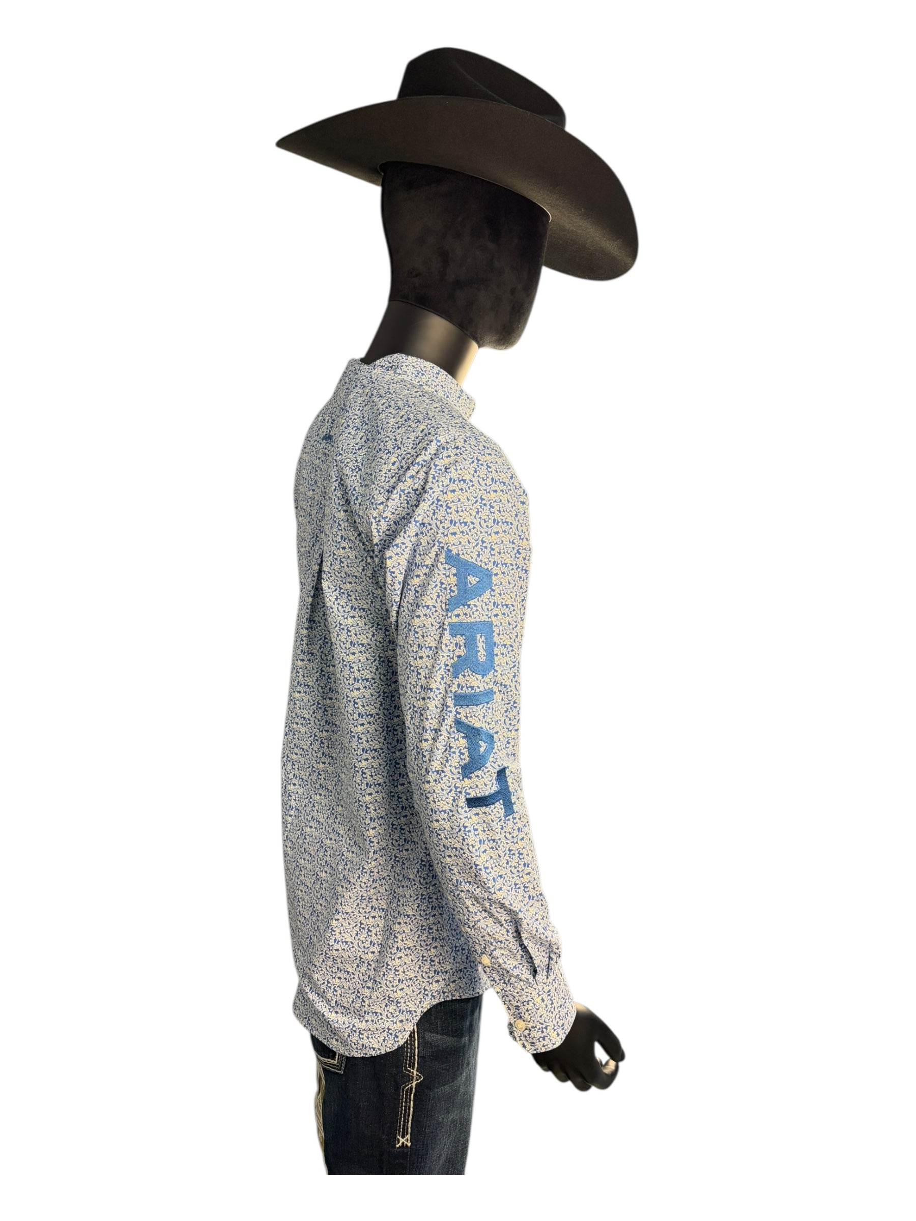 Ariat Men’s Long Sleeve Button-Down Shirt – Blue & Cream Print with Logo Sleeve