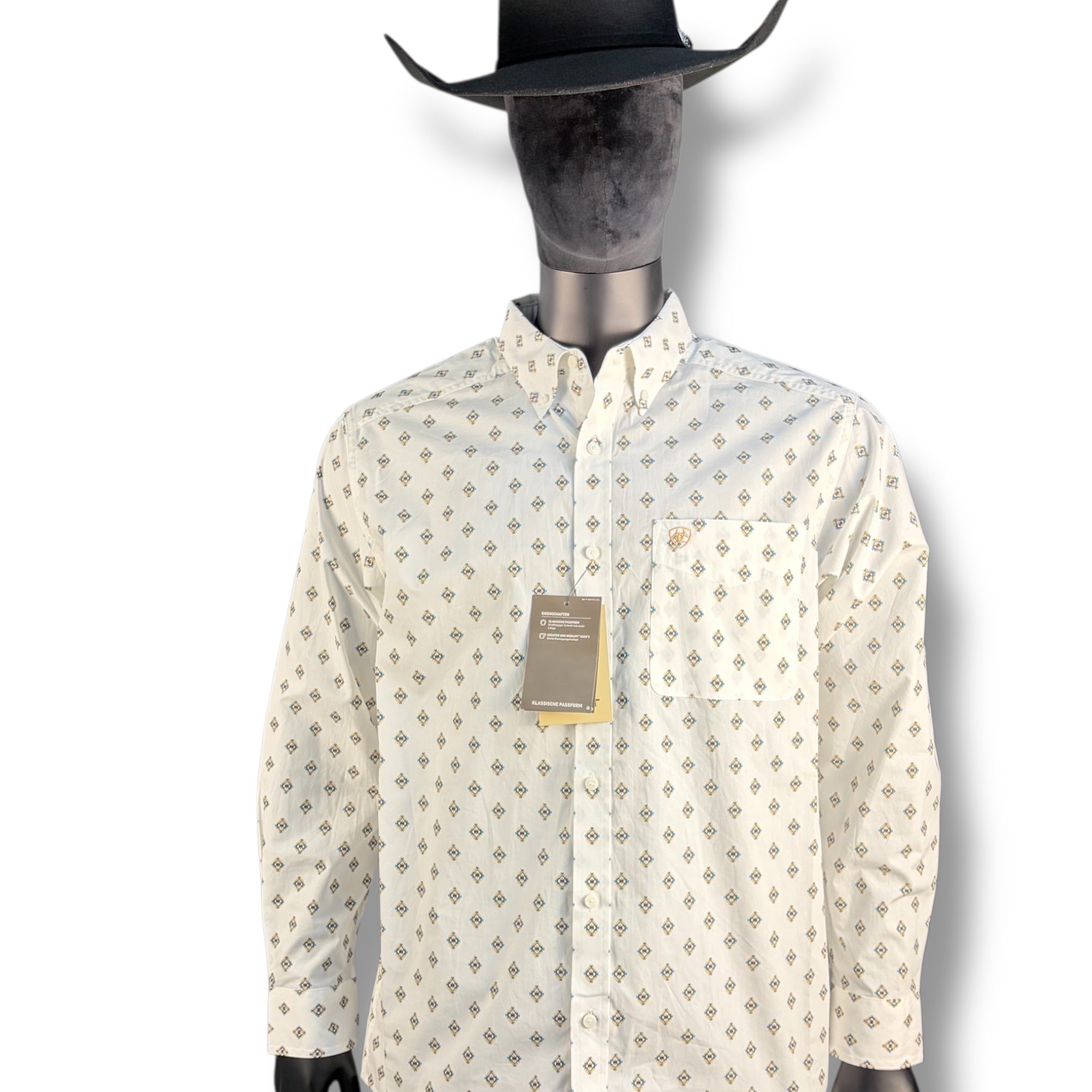 Men’s Western Long Sleeve Button-Down Shirt – Cream Geo Print