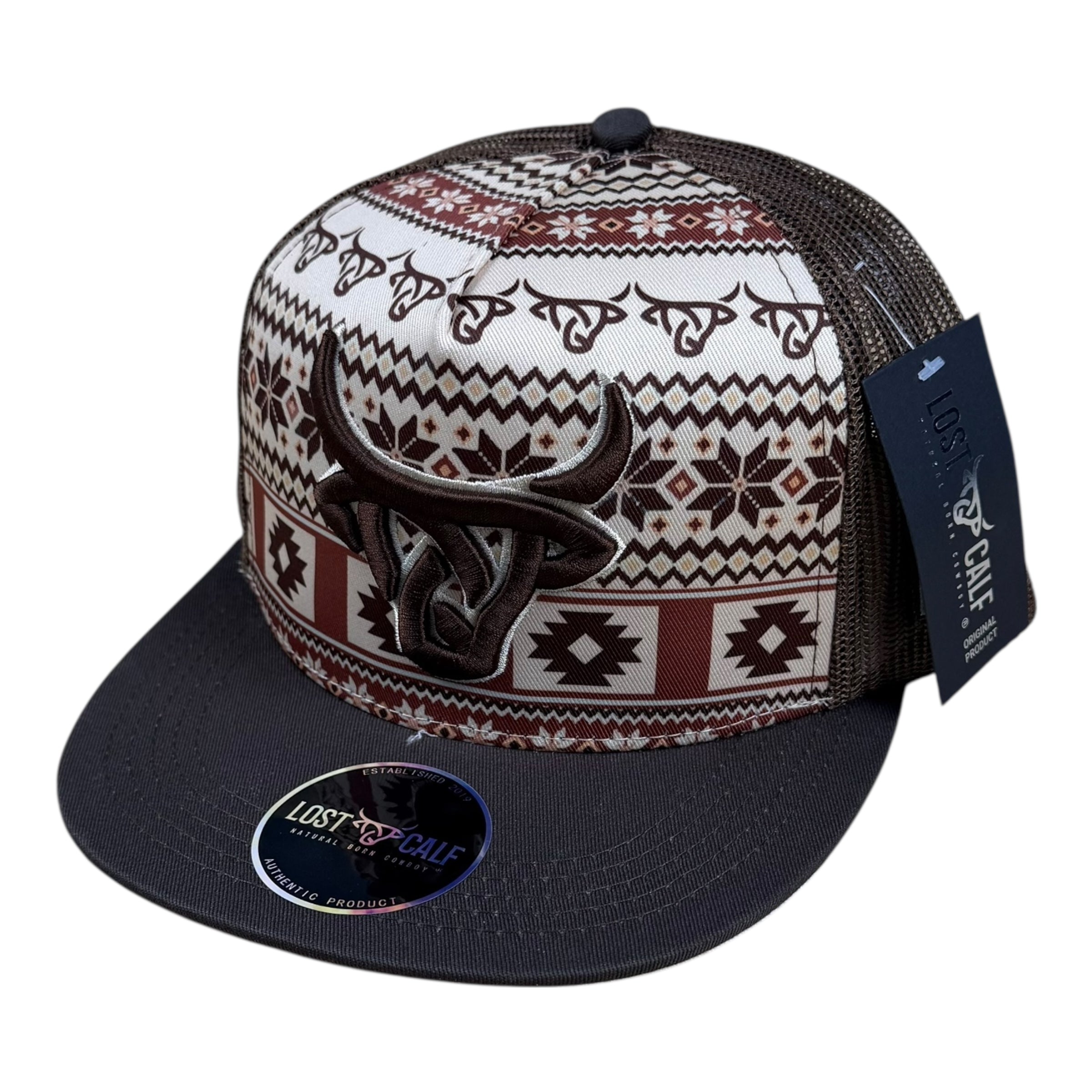 Lost Calf Aztec Bull Mesh Cap – Brown & Tan LC1005