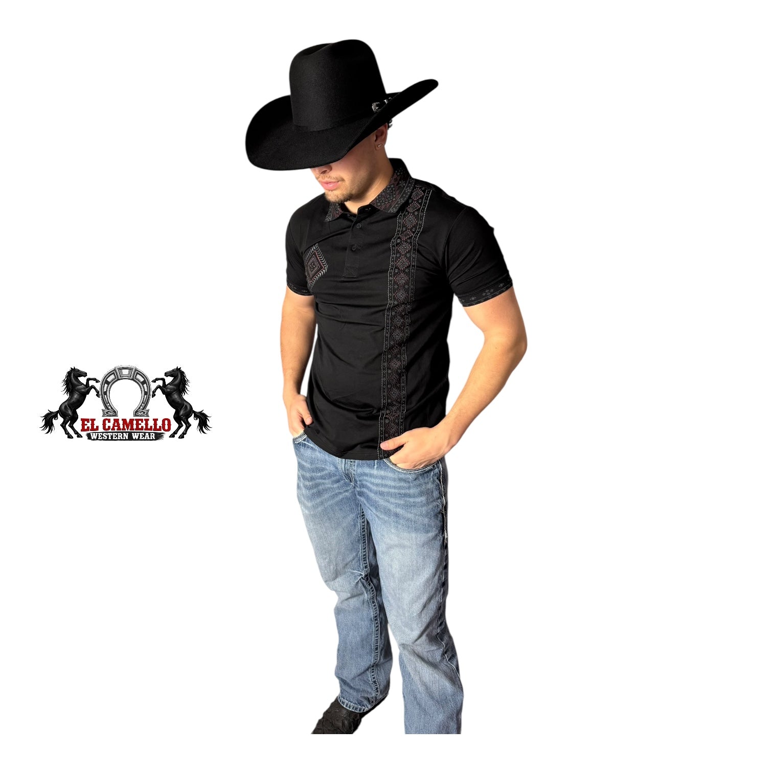 LAM-28235 Black Western Embroidered Polo