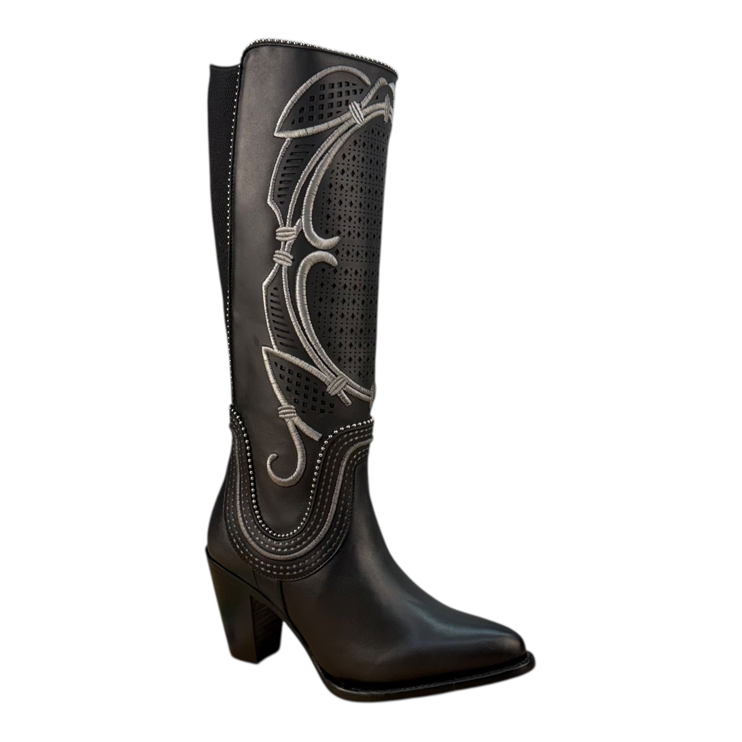 Cuadra CC242 Women’s Grey Laser Embroidery & Stud Tall Western Boots