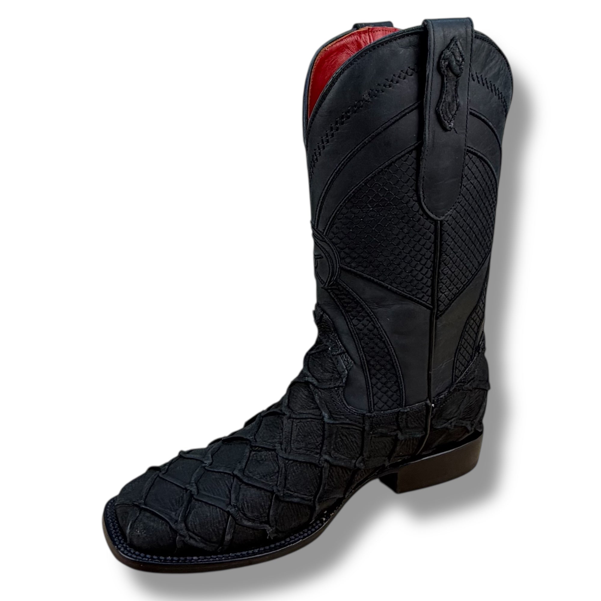 Midnight Ember Matte Black Pirarucu Leather Boot - Sqaure Tow