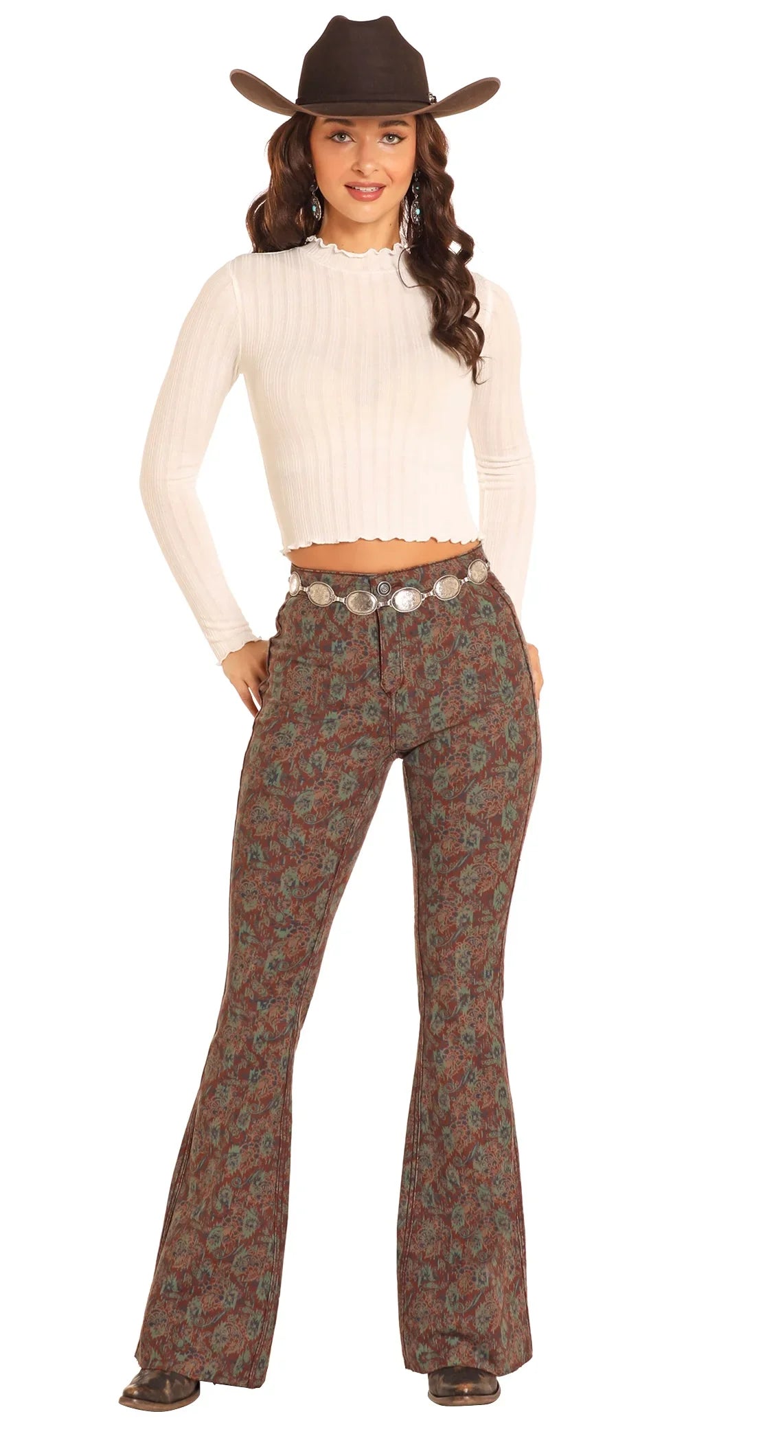 Rock & Roll Women Reversible Aztec Button Flare Pant Brown Jeans BW6PD04745