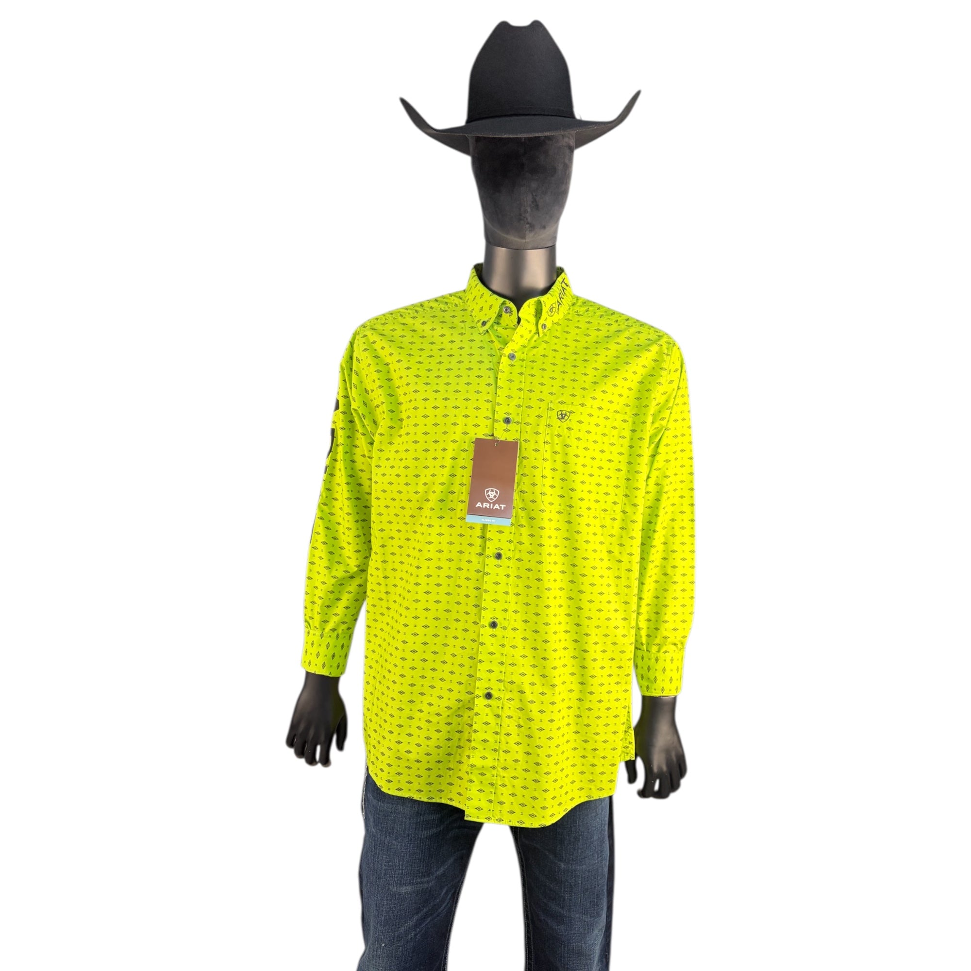 Ariat Men’s Neon Lime FR Geo Print Long Sleeve Work Shirt