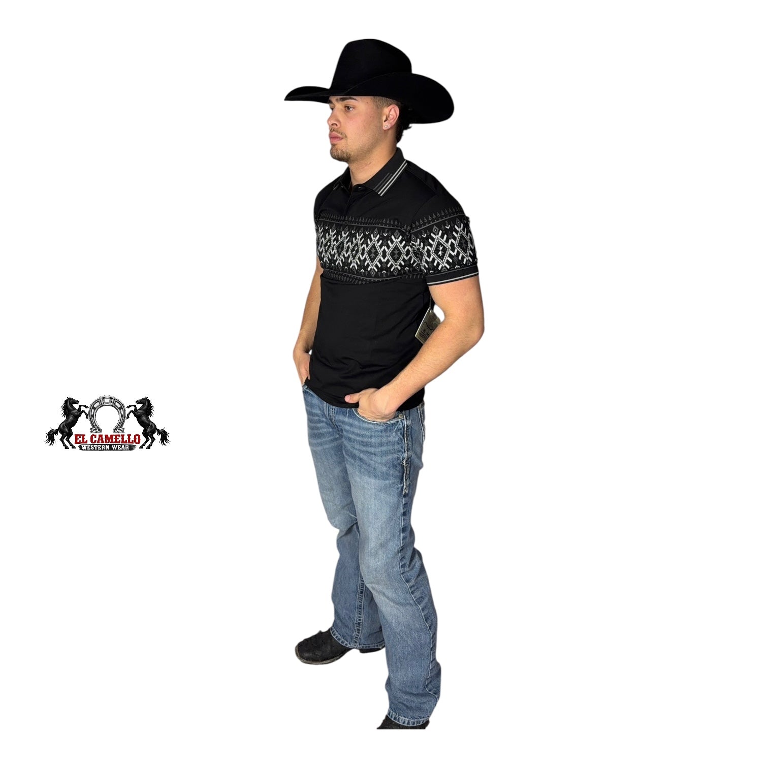 MT36022 Men’s Western Print Polo – Black