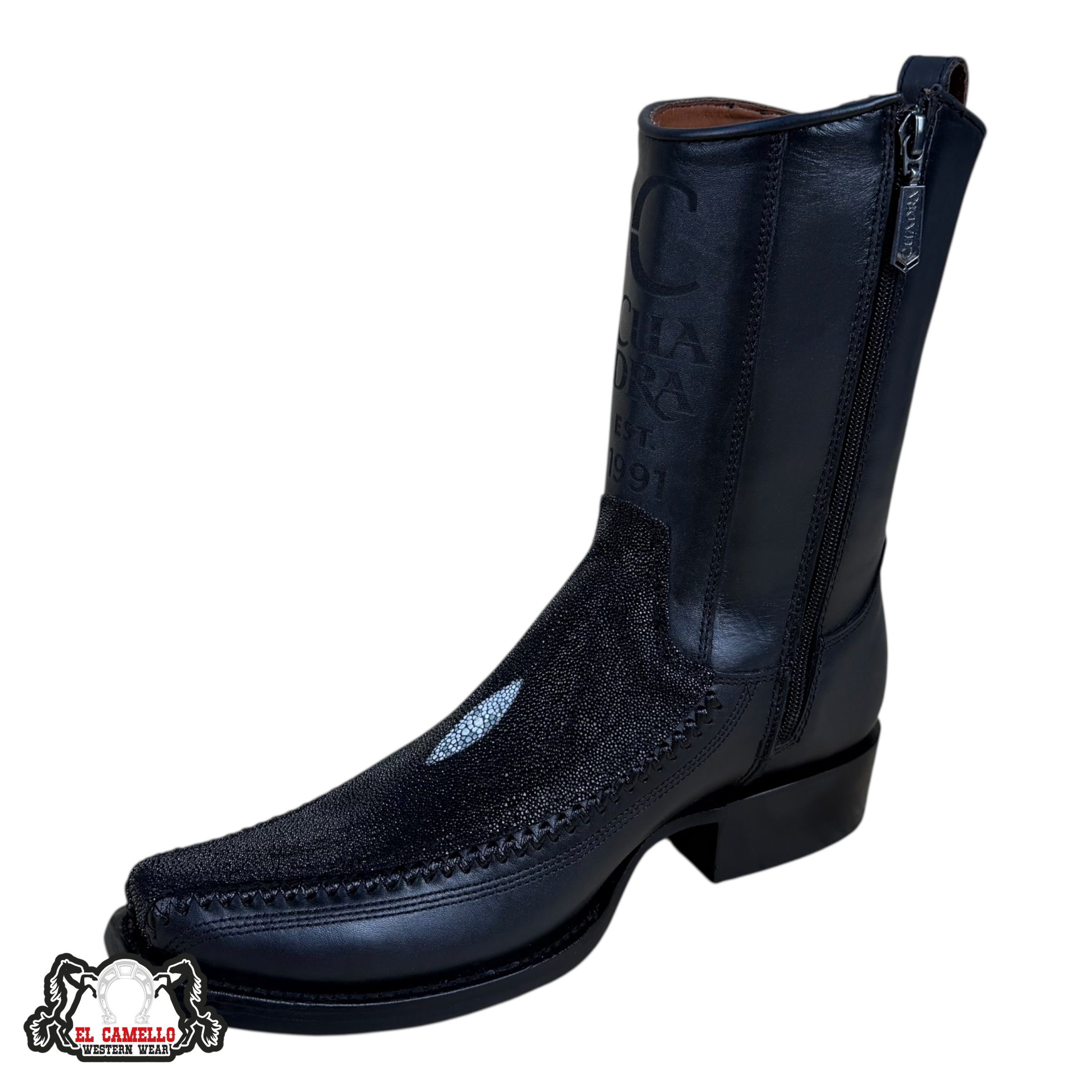 Cuadra Black Textured & Leather Square Toe Boot – Side Zip Luxury Western Style CU763