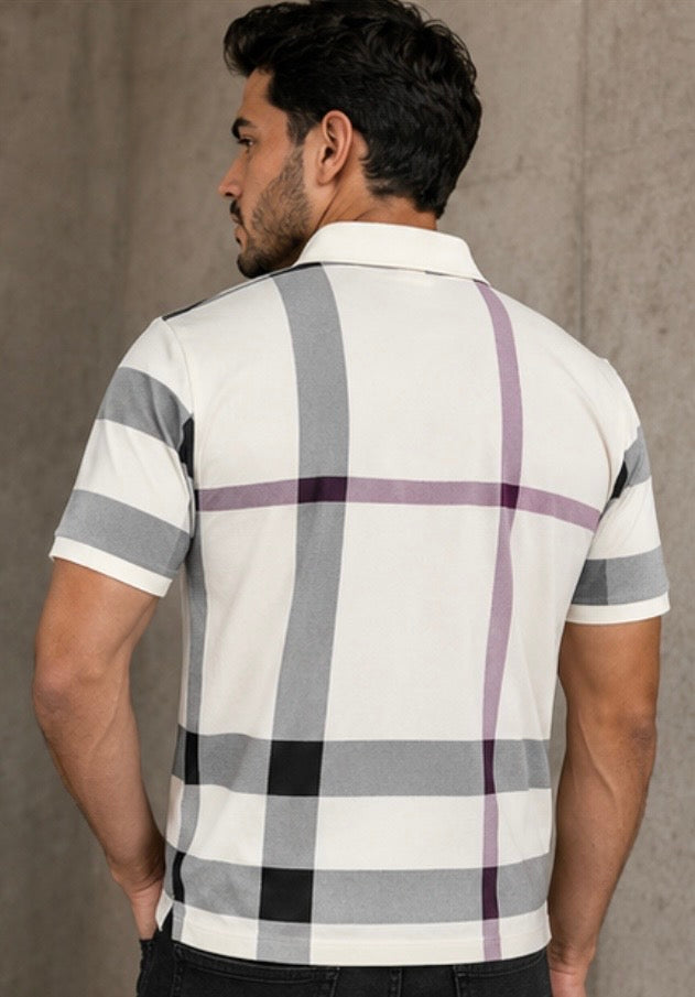 Chuxx Mens White Plaid Polo Shirt PLCH-001