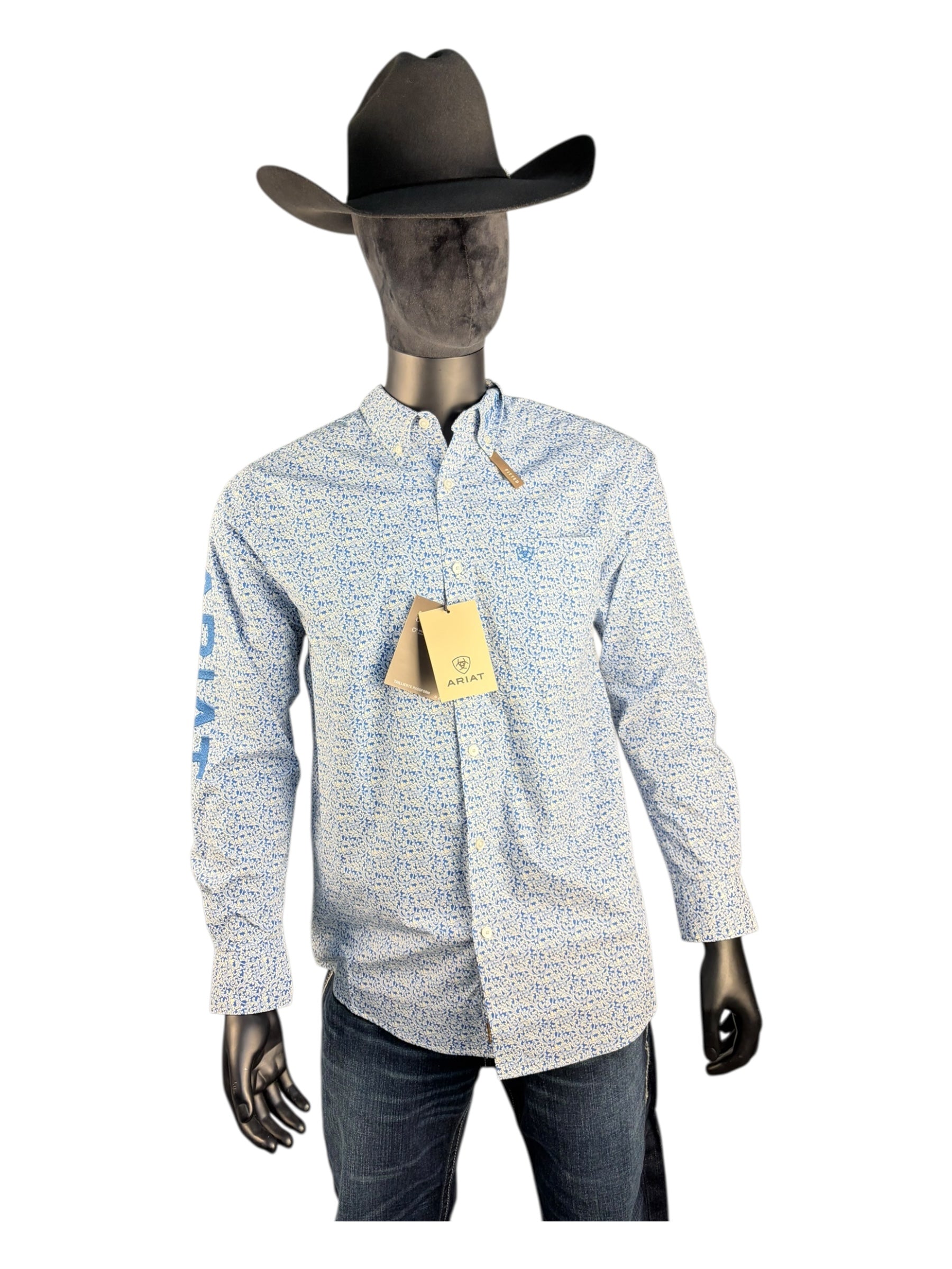 Ariat Men’s Long Sleeve Button-Down Shirt – Blue & Cream Print with Logo Sleeve