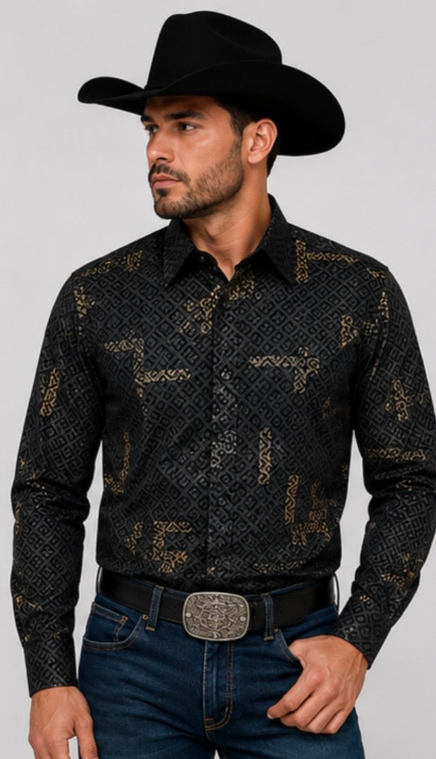 Chuxx Men's Black & Gold Geometric Shirt CHLS2087