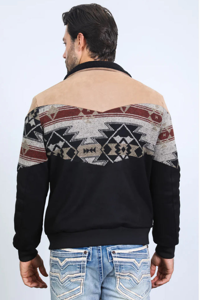 Platini Men’s Southwestern Sherpa Collar Zip Jacket – Black, Tan & Burgundy