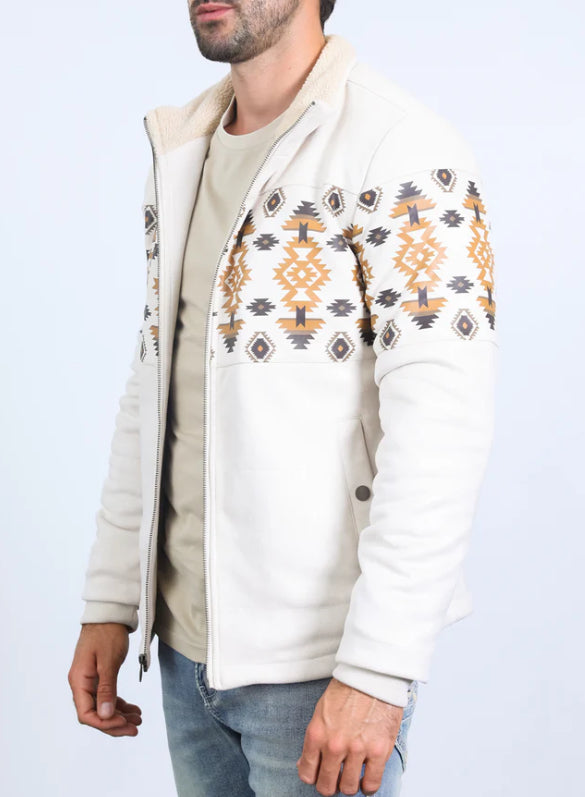 Platini Men’s Southwestern Sherpa-Lined Zip Jacket – Ivory & Tan