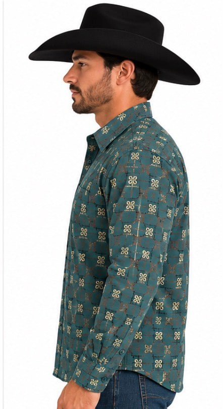 Men’s Teal Geometric Print Long Sleeve Shirt – FPL11493