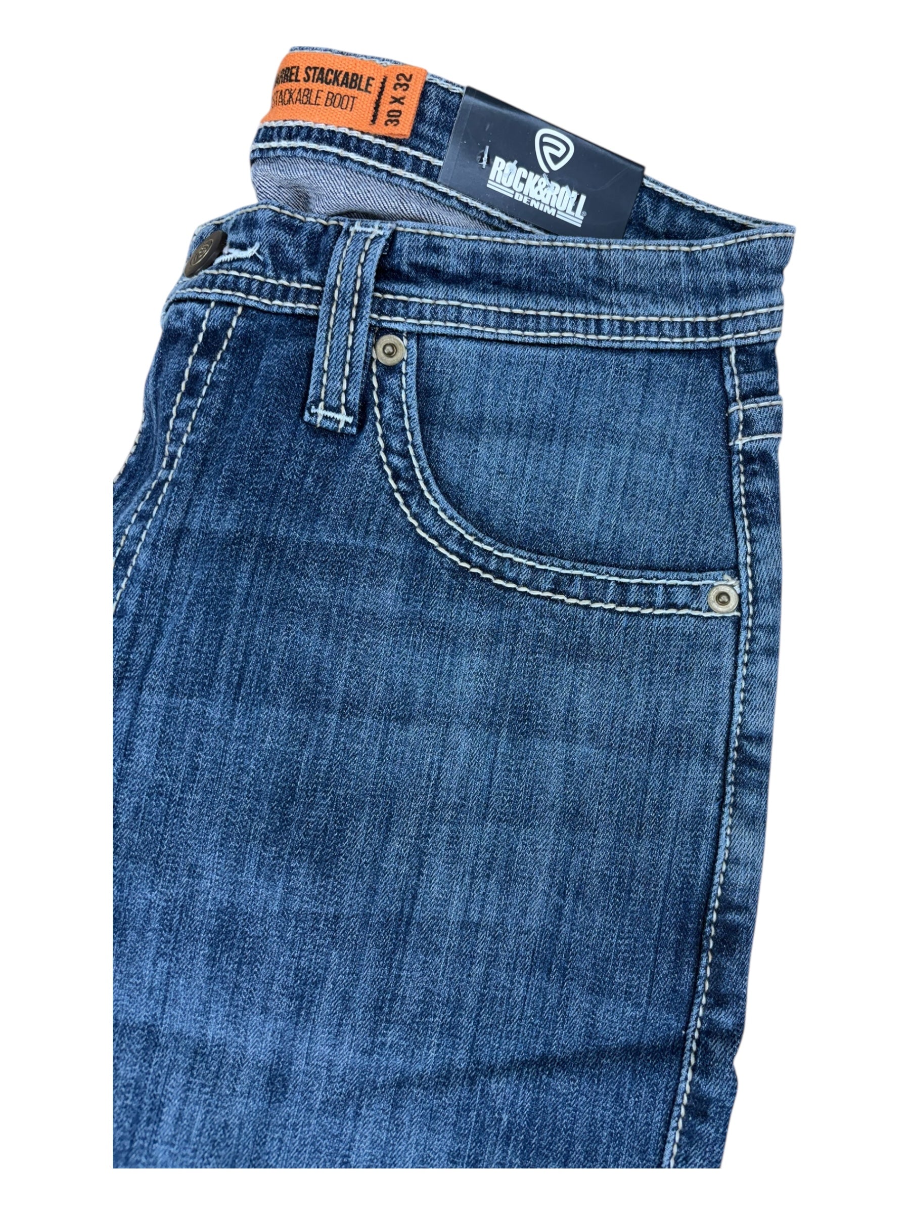 Rock & Roll Denim Men’s Double Barrel Relaxed Fit Stackable Bootcut Jeans – Extra Mobility Denim, Dark Vintage Wash 4809