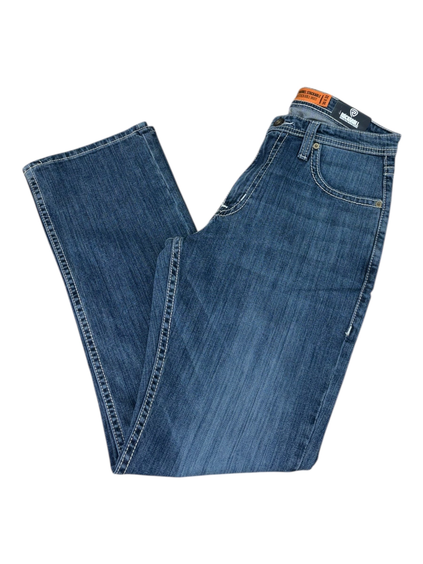 Rock & Roll Denim Men’s Double Barrel Relaxed Fit Stackable Bootcut Jeans – Extra Mobility Denim, Dark Vintage Wash 4809