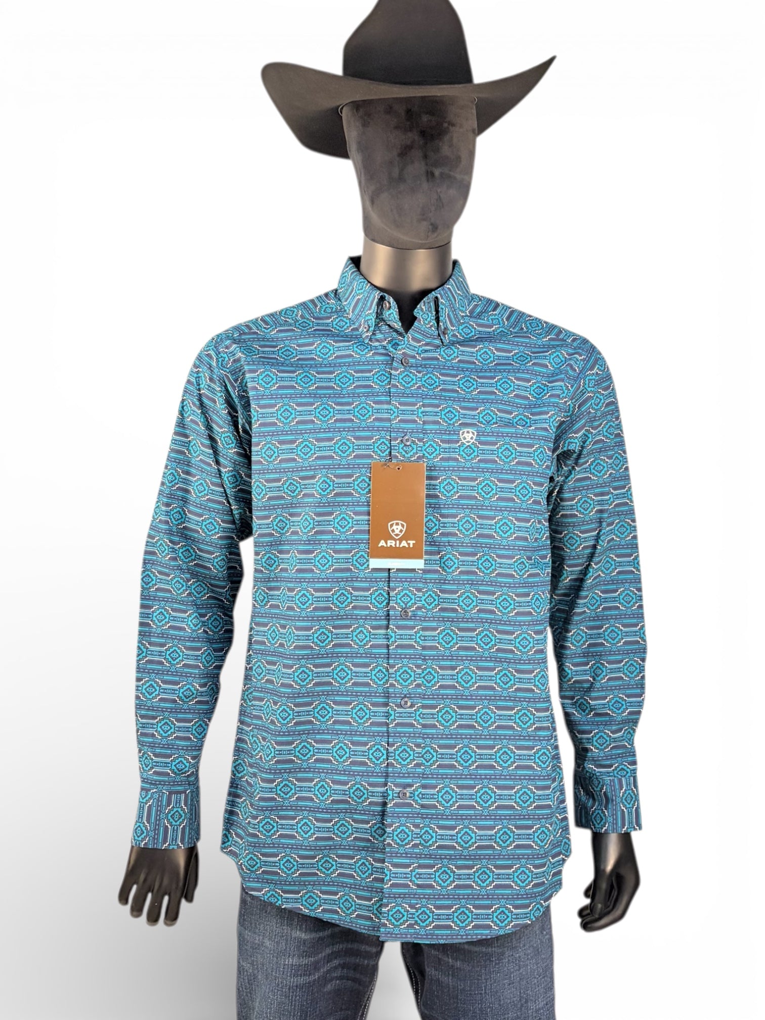 Ariat Men’s Turquoise Geometric Print Long Sleeve Button-Down Shirt