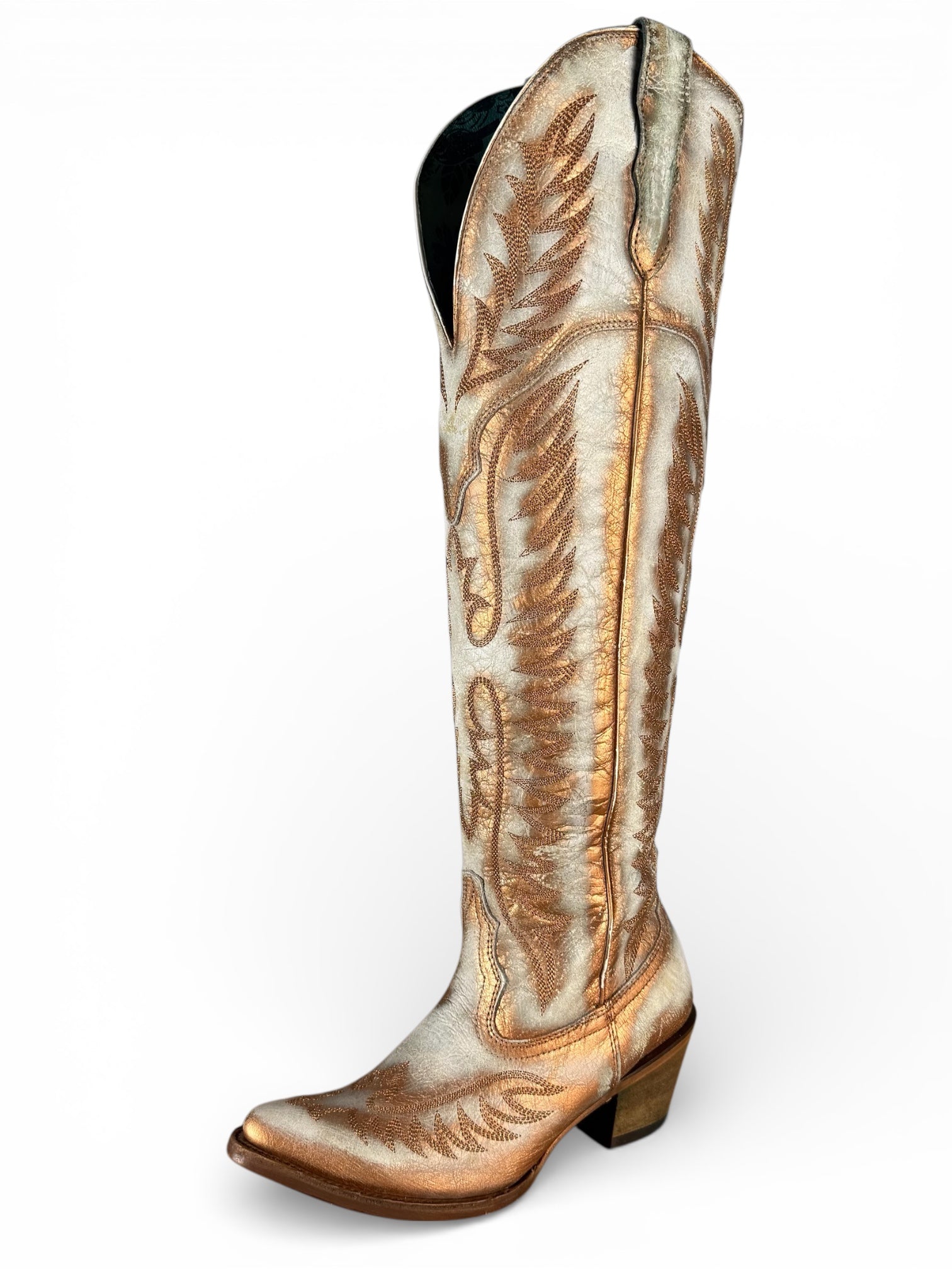 A4212- WOMEN'S DISTRESSED WHITE EMBROIDERY TALL TOP COWBOY BOOT