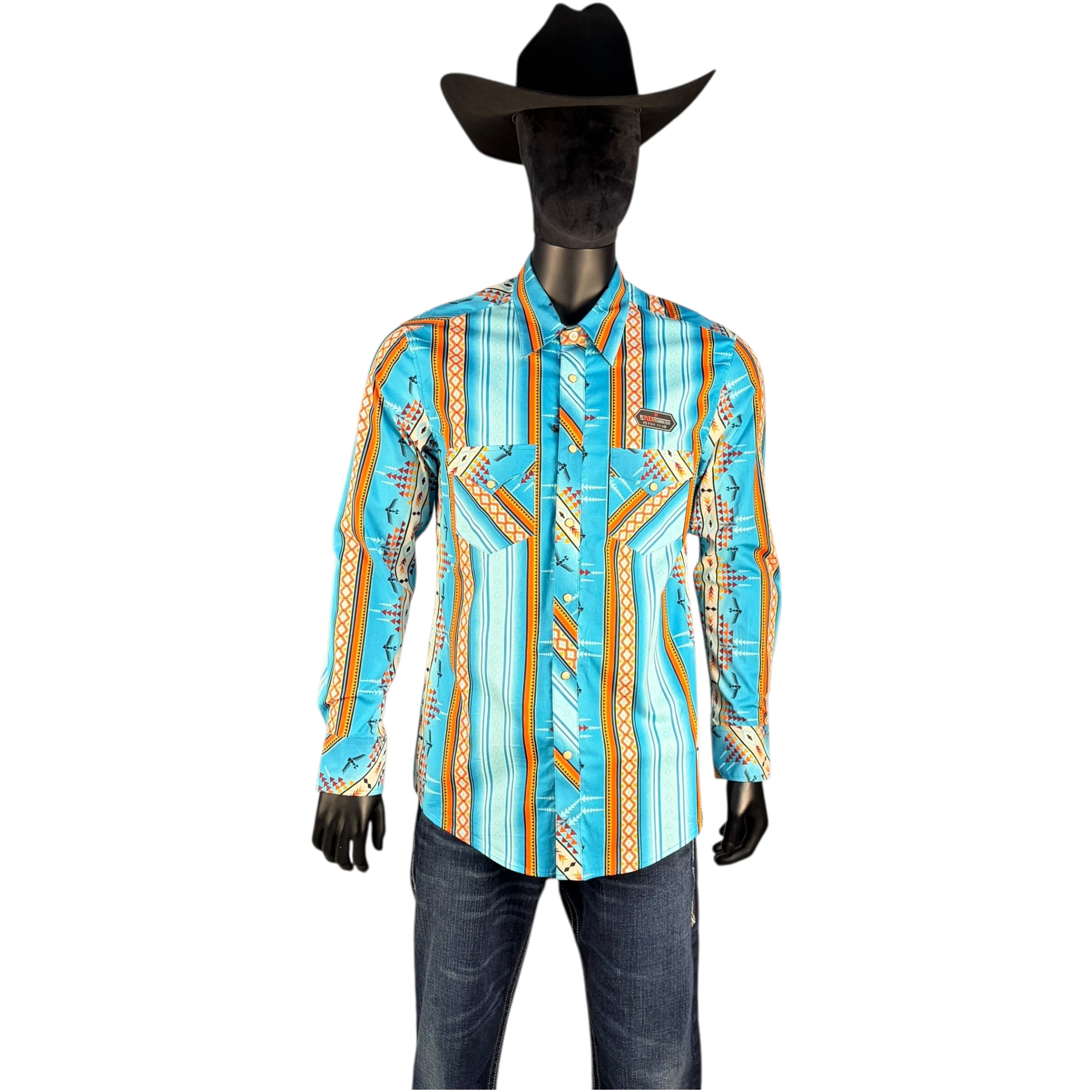 Men’s Rock & Roll Turquoise Stripe Aztec Long Sleeve Western Shirt