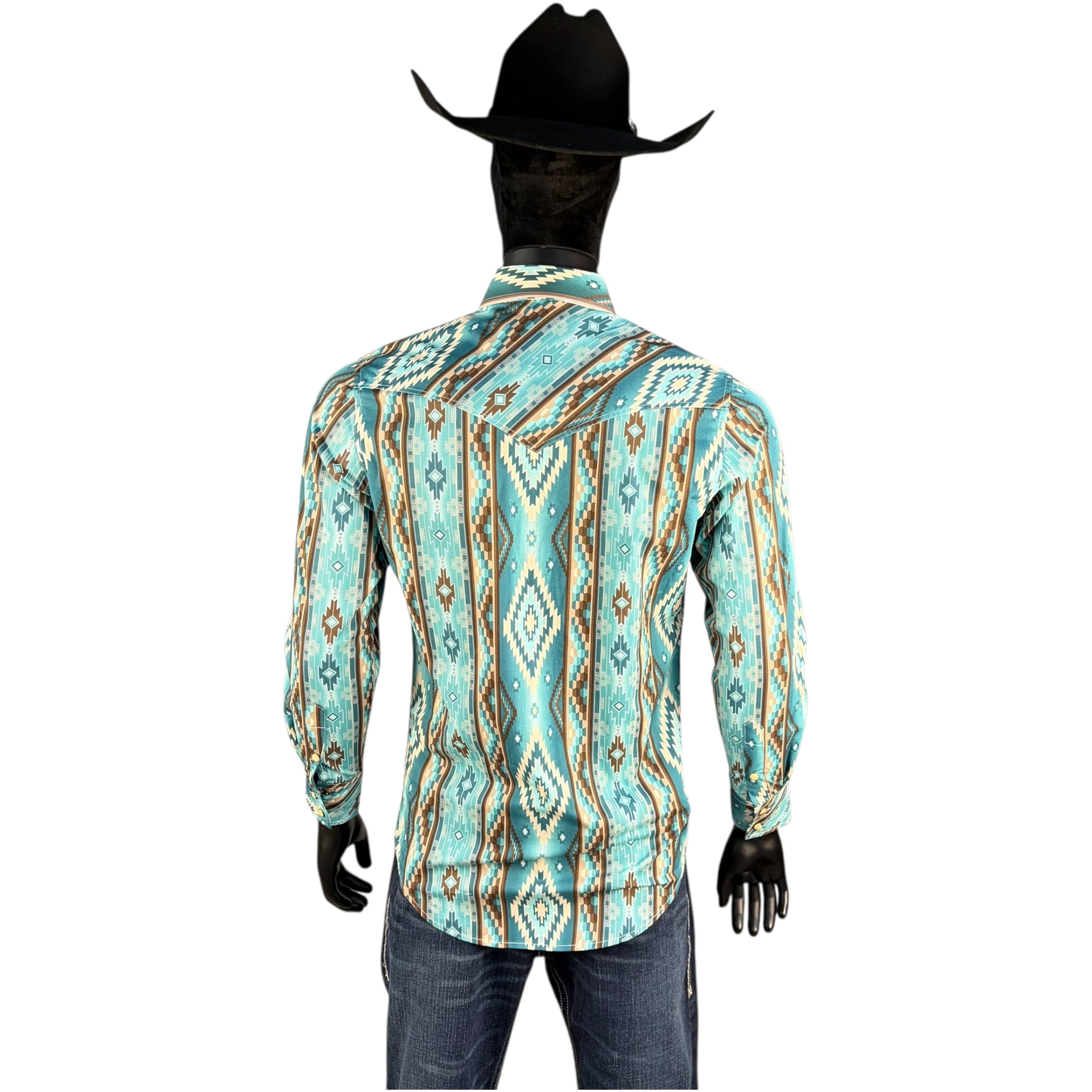Men’s Rock & Roll Turquoise Aztec Print Long Sleeve Western Shirt