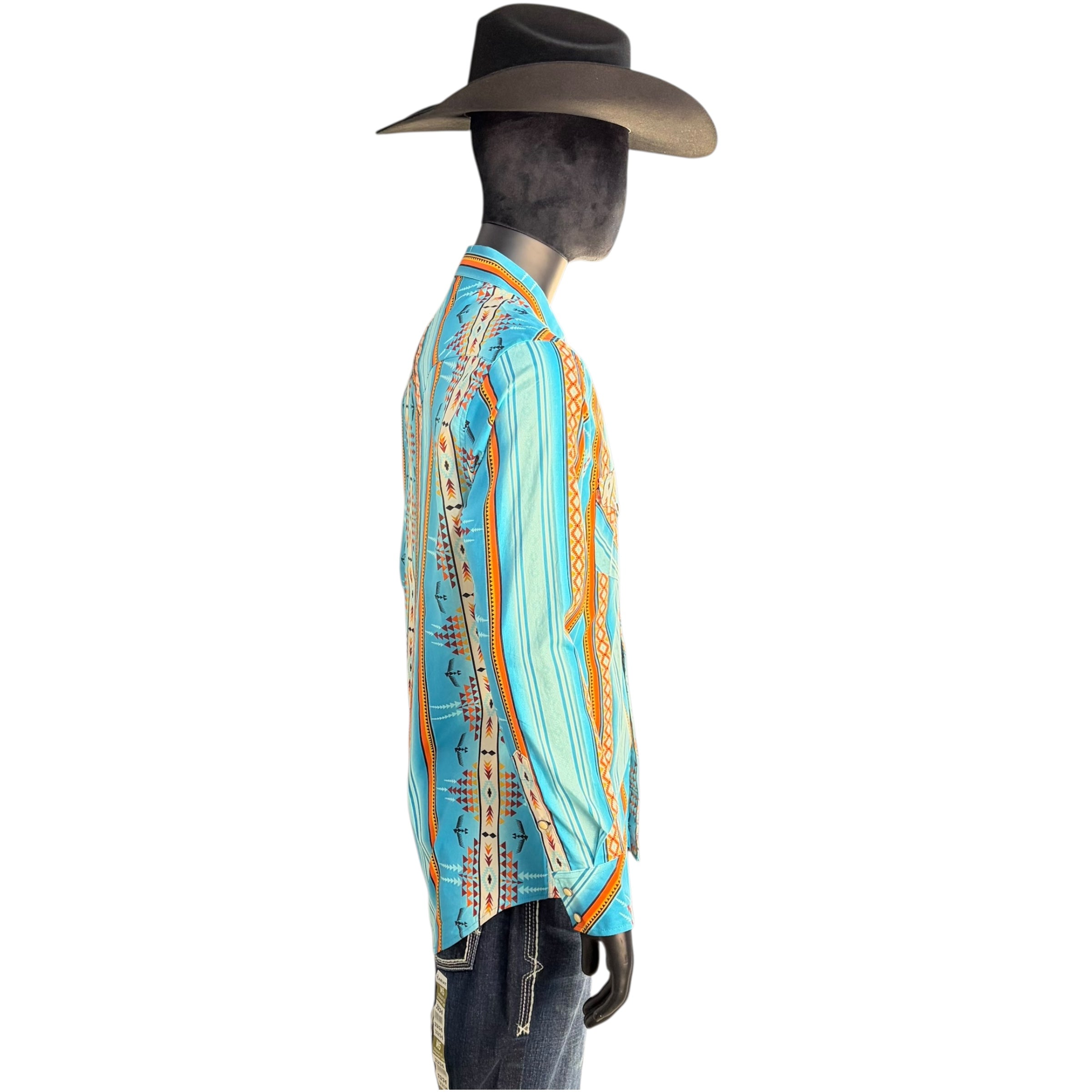 Men’s Rock & Roll Turquoise Stripe Aztec Long Sleeve Western Shirt