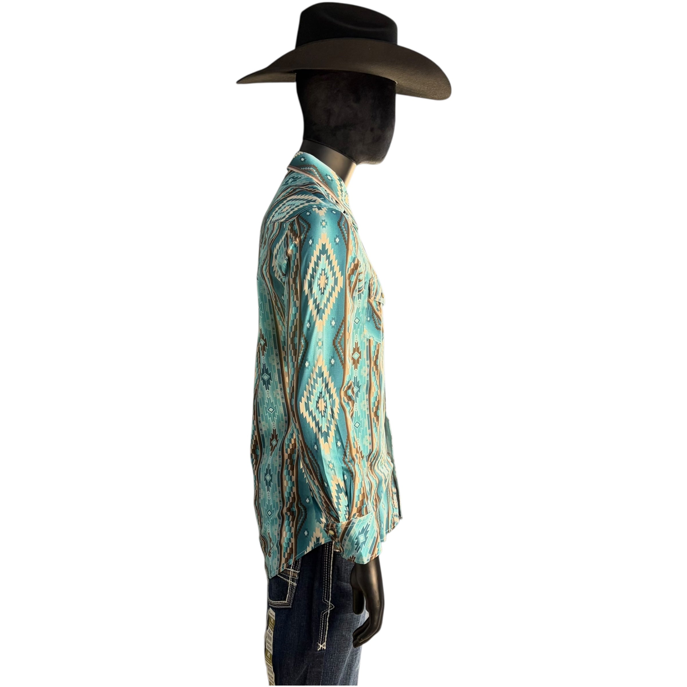 Men’s Rock & Roll Turquoise Aztec Print Long Sleeve Western Shirt