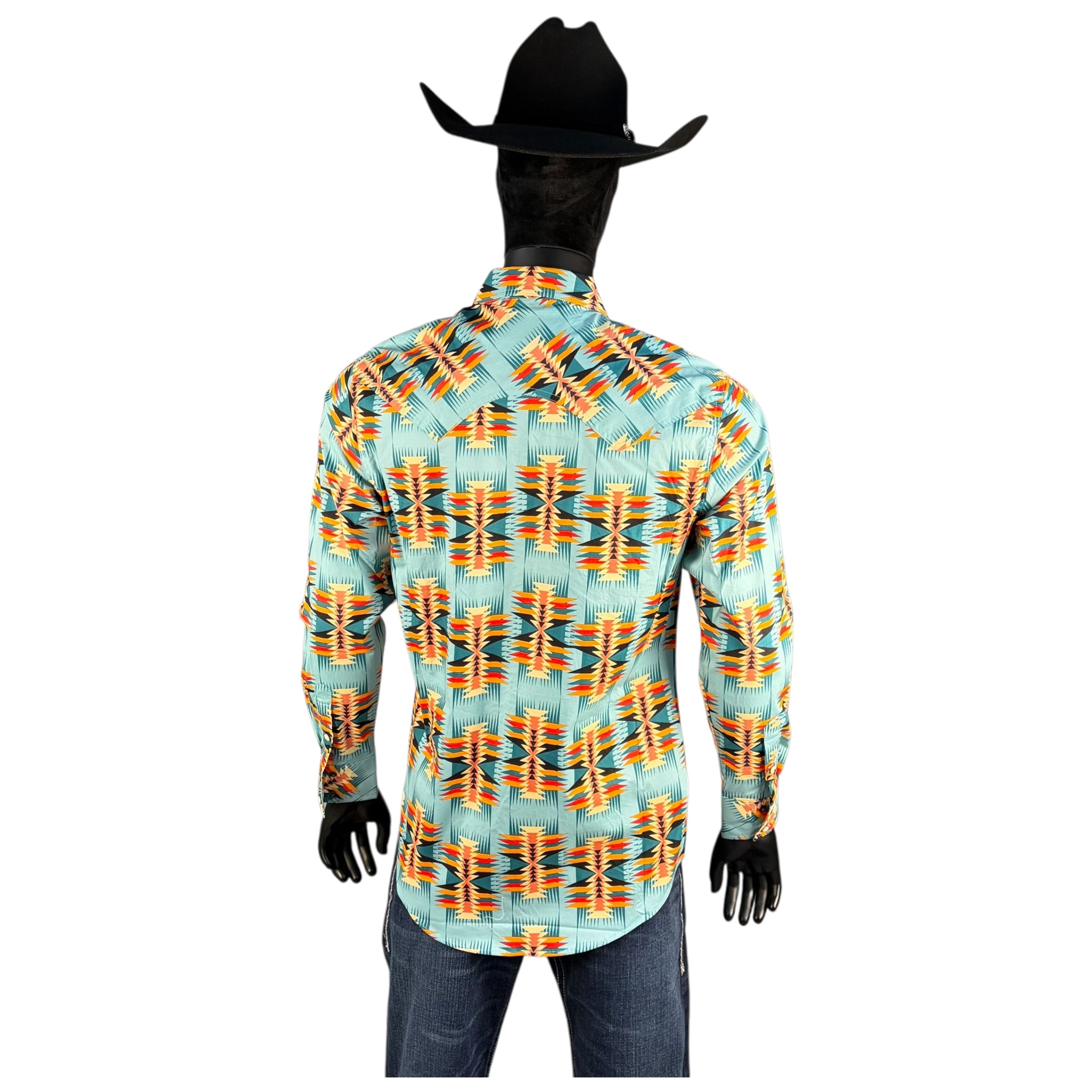 Men’s Rock & Roll Turquoise Thunderbird Pattern Long Sleeve Western Shirt